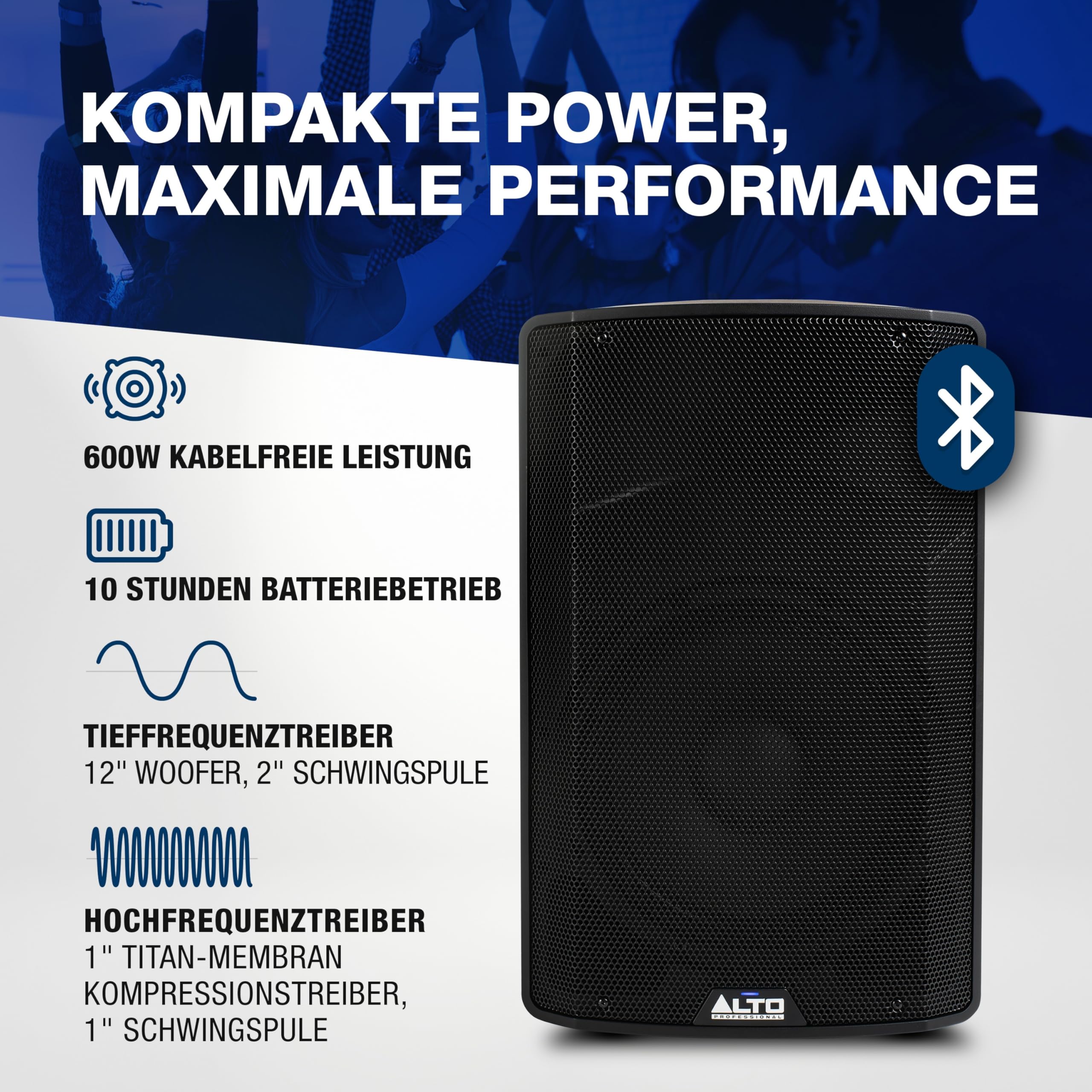 ALTO TX412B 600 Watt 12-Zoll Akkubetriebener PA Anlage mit Bluetooth, 2-Kanal Mixer, für True Wireless Auftritte im Freien für Mobile DJs und Musiker