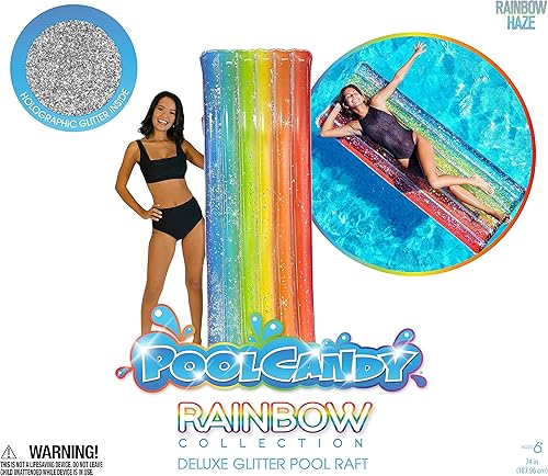Miniatura 7 de Balsa inflable de lujo de gran tamaño con purpurina arcoíris – Tu mejor balsa de piscina de verano y paseo inflable para la playa, la piscina o el