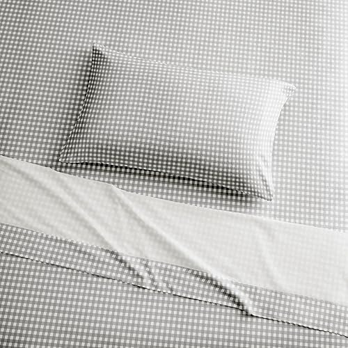 Miniatura 4 de Brielle Home Juego de sábanas de franela de algodón suave, cálido y acogedor, moderno y chic con bolsillos profundos elásticos, tamaño Queen, gris