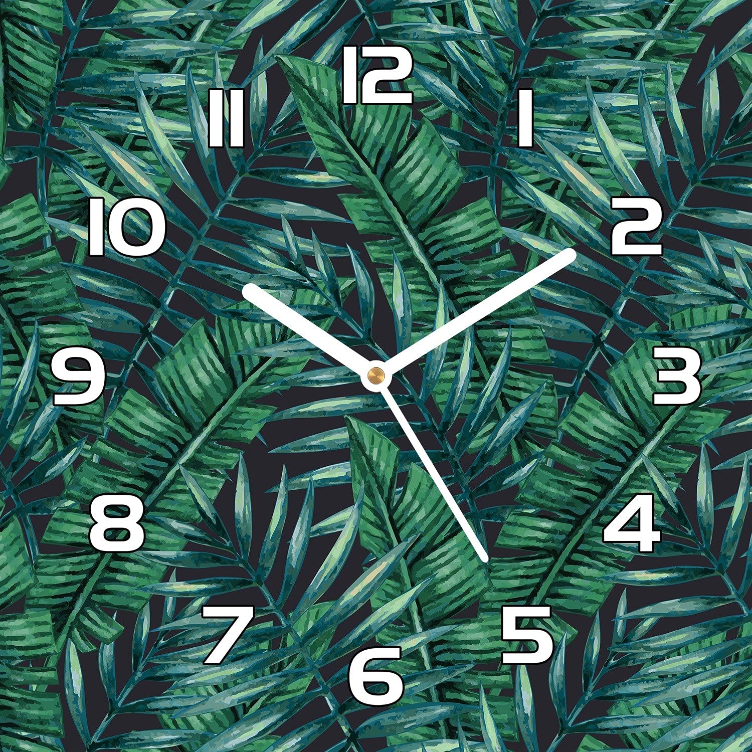 Horloge en verre 30x30 cm Coloray avec motif de feuilles de palme et aiguilles blanches