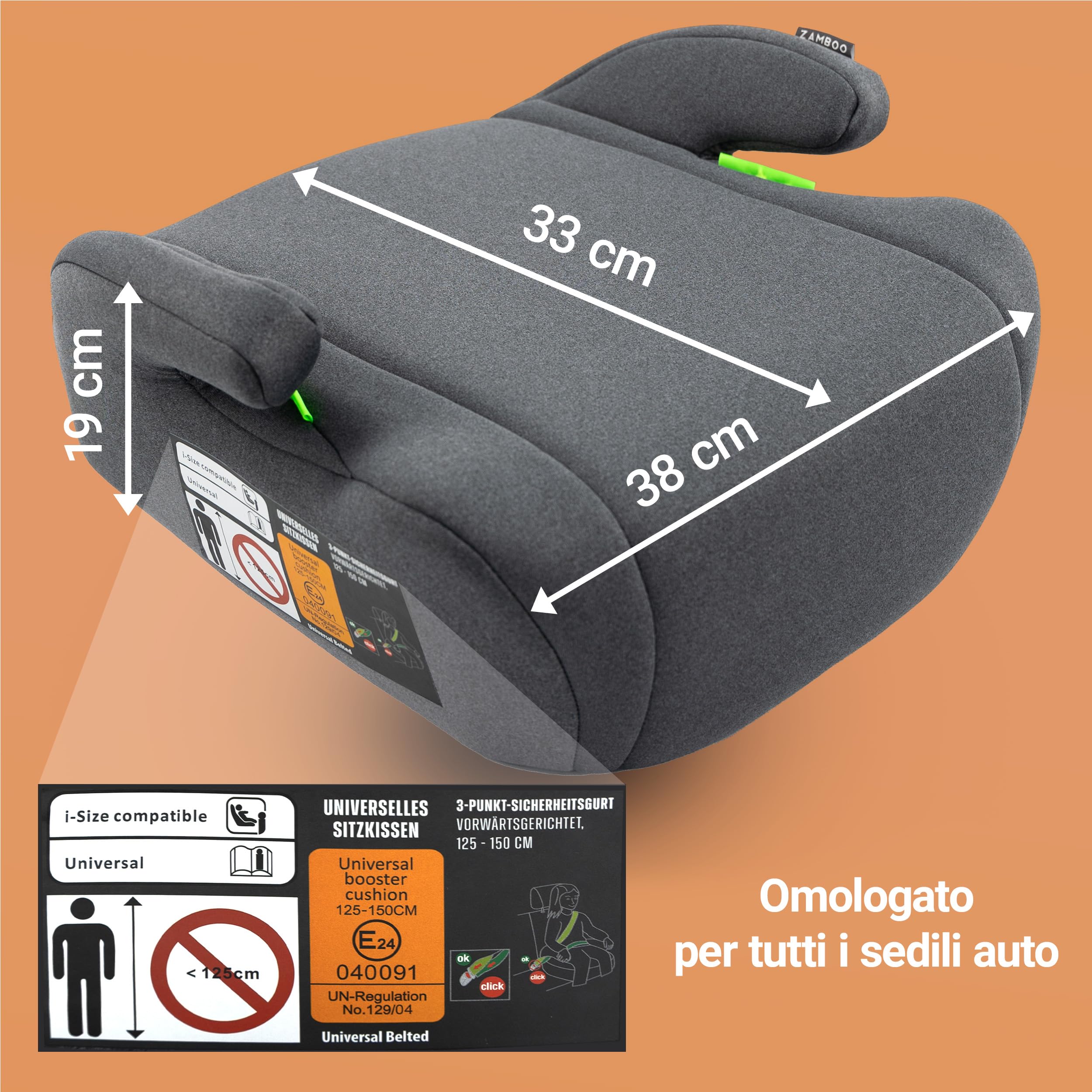 Zamboo rialzo auto i-Size 125–150 cm | fissaggio con cintura a 3 punti, omologato ECE R129/04 | alzatina auto bimbi imbottito con rivestimento sfoderabile e lavabile – grigio
