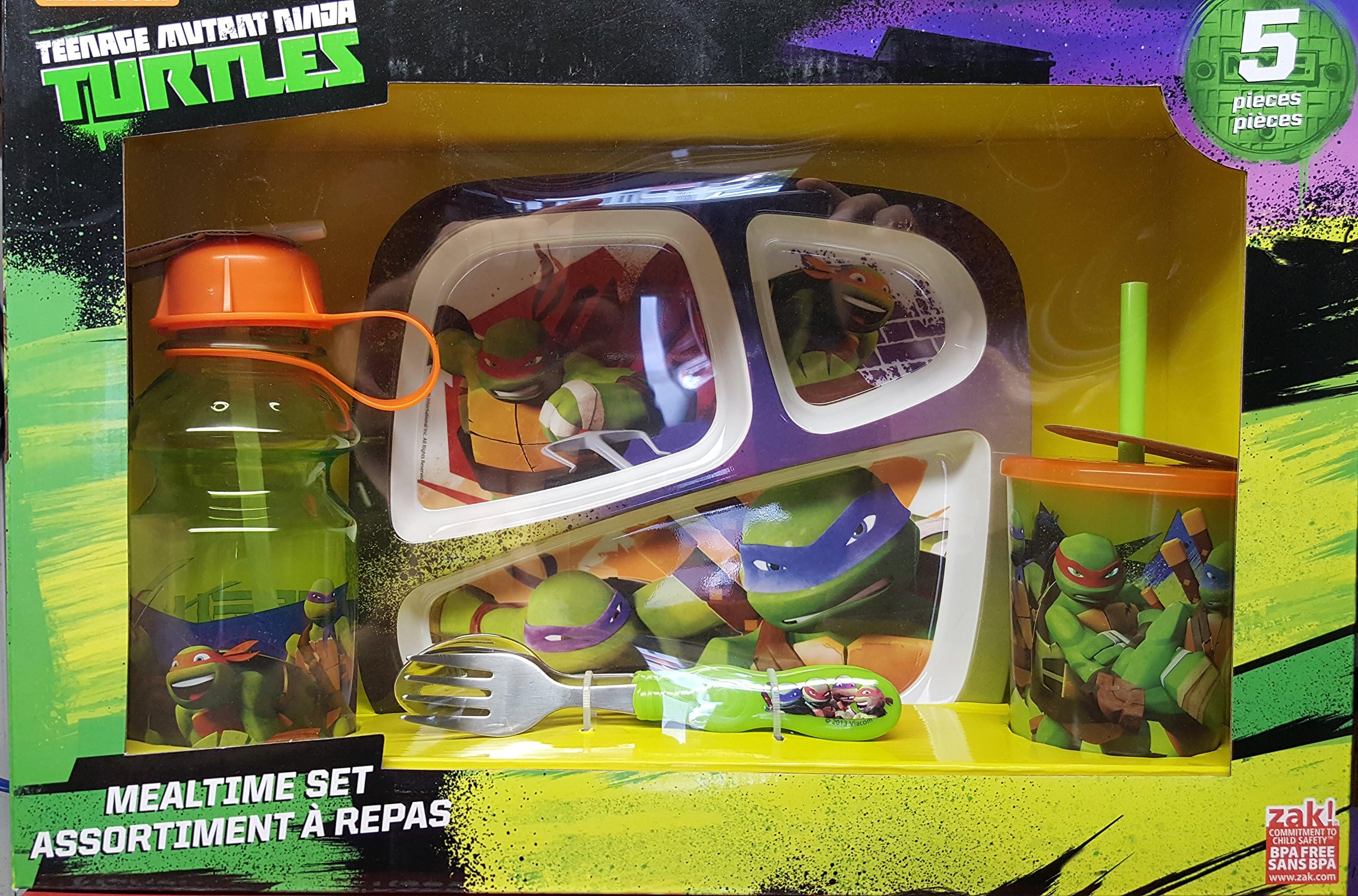 Zak's 5 Piece Teenage Mutant Ninja Turtles Mealtime Set - Includes Serving Dish, Utensils, Drinking Cup with Straw & Water Bottle