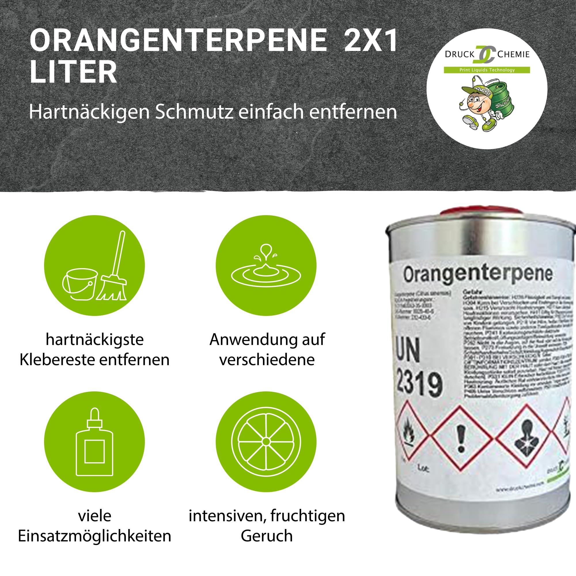 Orangenterpene 2 x 1L - Kraftvoller Orangenreiniger zum Lösen hartnäckiger Klebereste - Orangenreiniger für nahezu alle Oberflächen