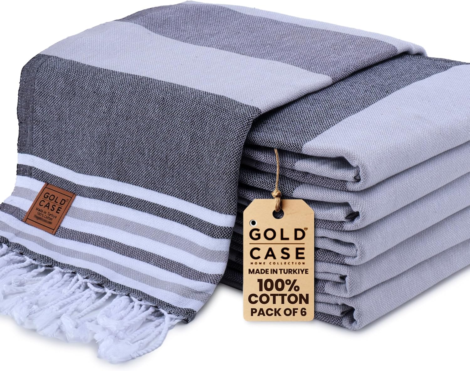 Gold CASE Turkish Beach Towel Set of 6 – 100% Cotton Large Turkish Bath Towels 70 x 38'' – OLYMPOS Oversized, Quick Dry & Sand Free Beach Towel – Lightweight Towels Set - Black