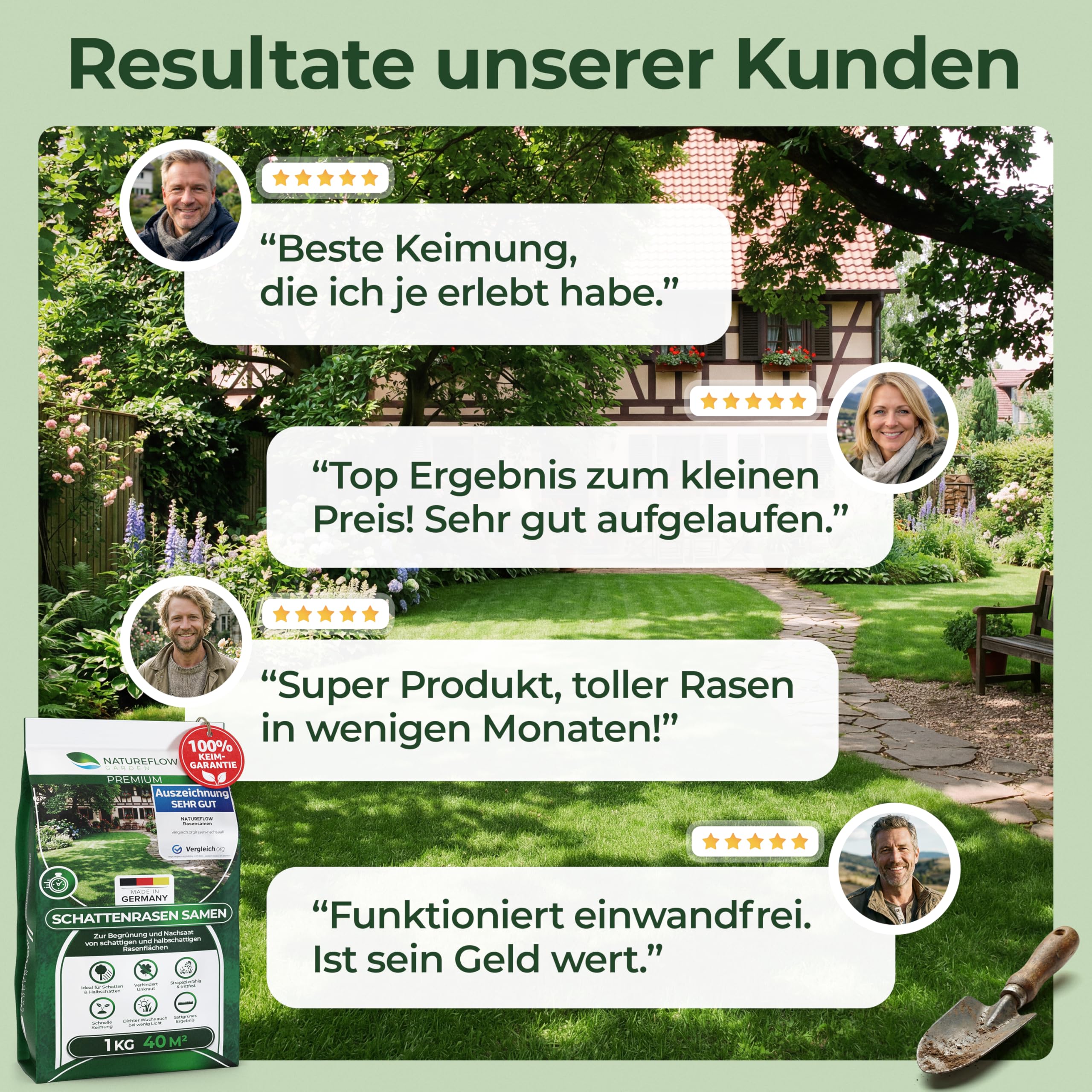 Schattenrasen Rasensamen 1 kg – Rasen für schattige Flächen & wenig Sonne – robuste Grasmischung für dichten Schattenrasen – ideal für Nachsaat & Neuanlage – für bis zu ca. 40 m² Rasenfläche