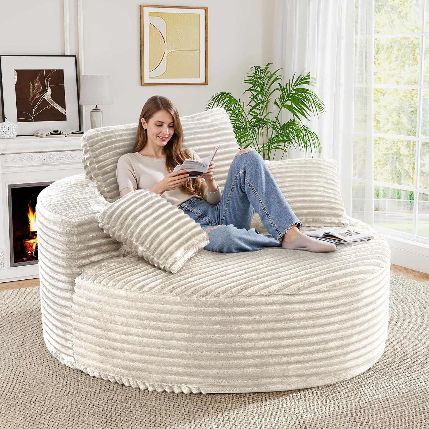 55''L 3.5CM Corduroy Single Foam Sofa, Oversized Round Chair with Pillows, Modern Sleeper for Living Rooms, Lounges, Nurseries and Projection Rooms, Wide-Arm Lounge Chair Armchair, Beige