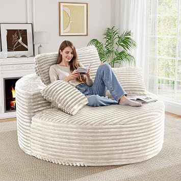 Luxanimarion 55L 3.5CM Corduroy Single Foam Sofa, Oversized Round Chair with Pillows, Modern Sleeper for Living Rooms, Lounges, Nurseries and Projection Rooms, Wide-Arm Lounge Chair Armchair, Beige