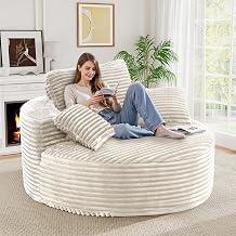 Luxanimarion 55L 3.5CM Corduroy Single Foam Sofa, Oversized Round Chair with Pillows, Modern Sleeper for Living Rooms, Lounges, Nurseries and Projection Rooms, Wide-Arm Lounge Chair Armchair, Beige