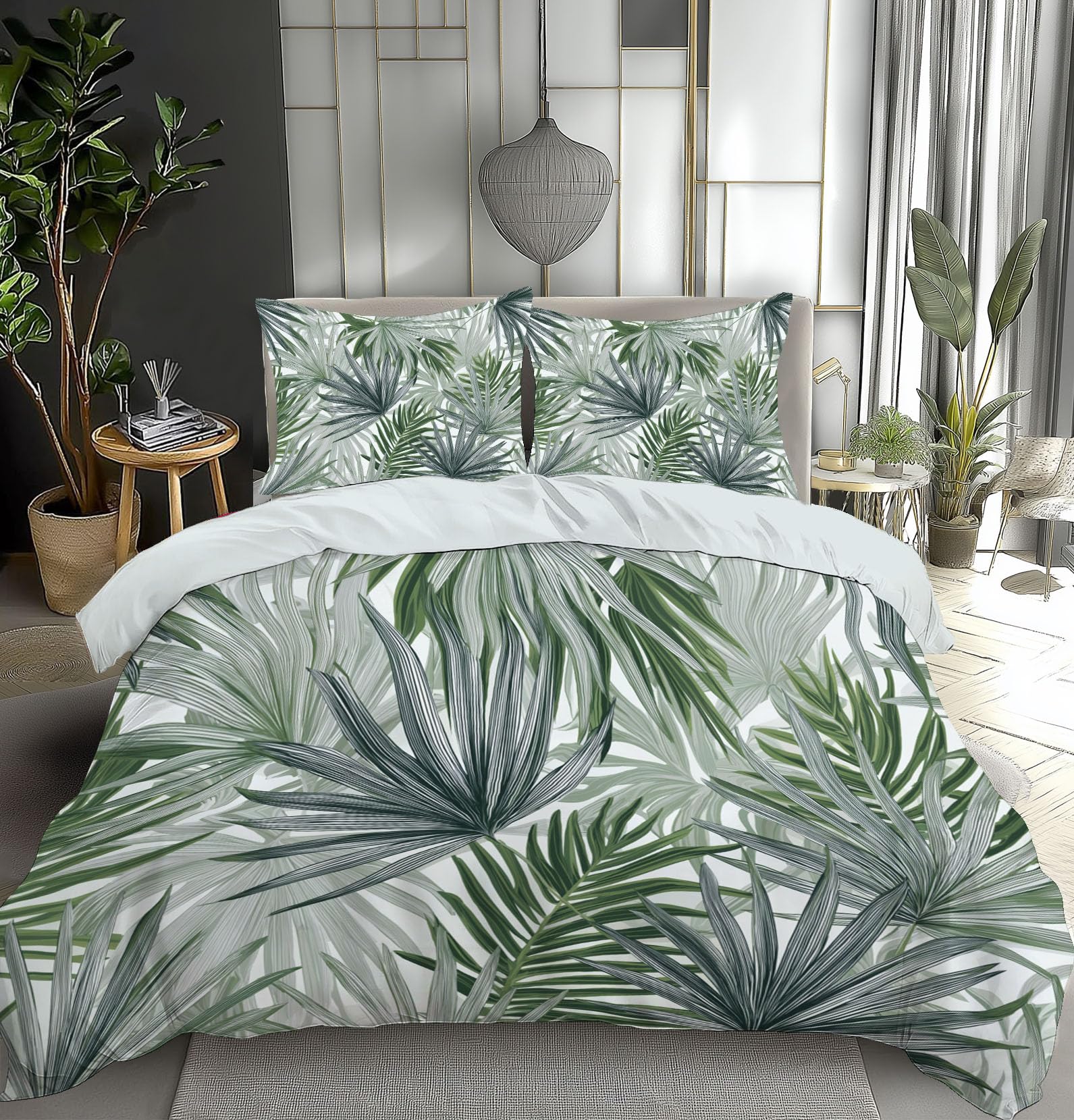 Parure de lit 220x240cm gris vert avec housse de couette imprimé feuilles