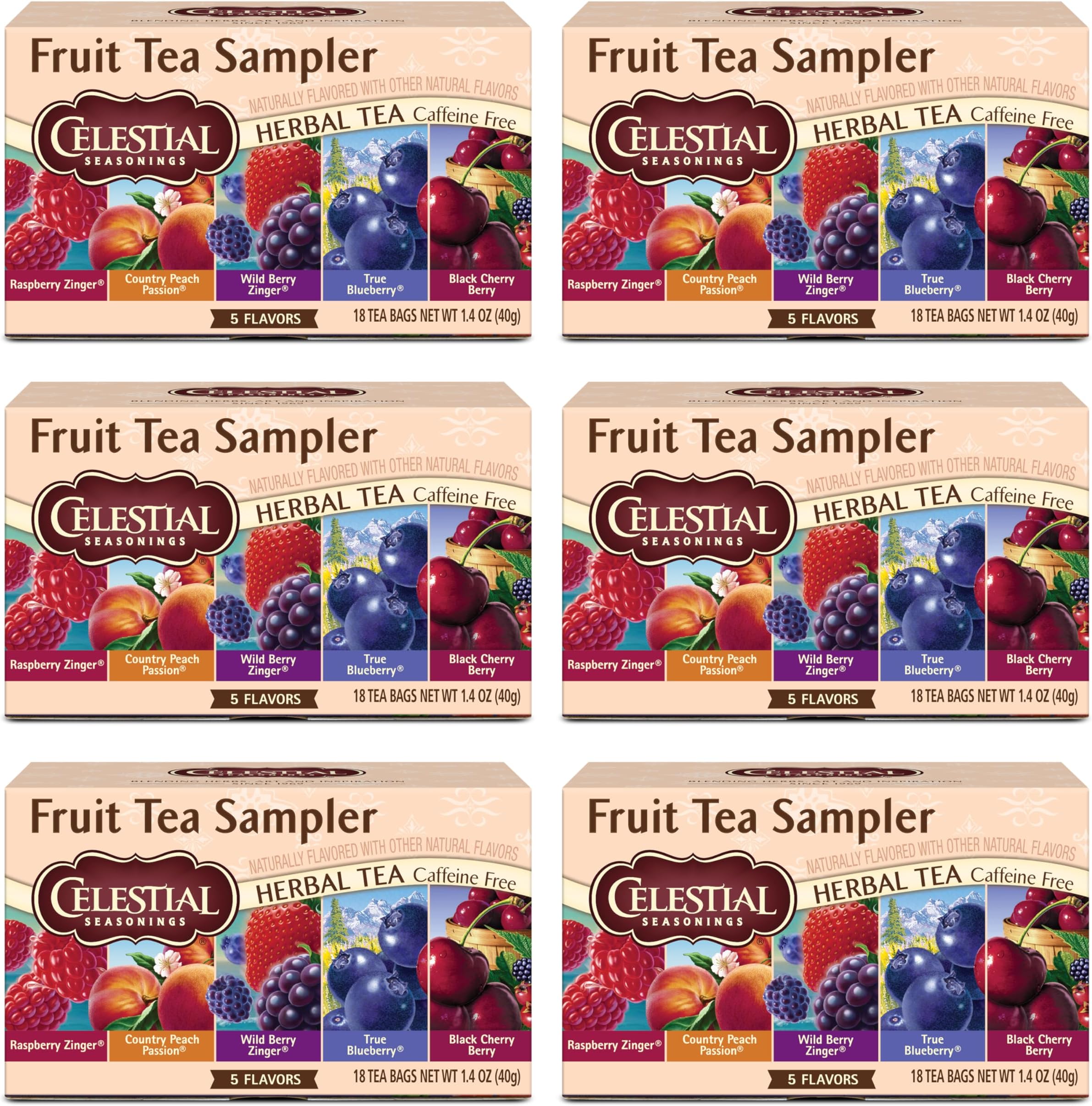 Fruit Tea Sampler Herbal Variety Pack, Caffeine Free, 18 Tea Bags Box, (Pack of 6)