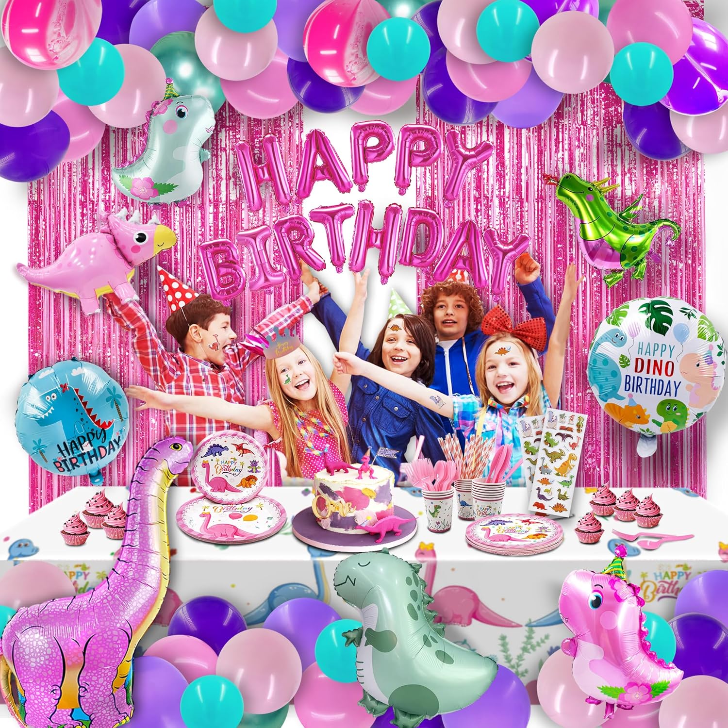 Party Spot! 150 pcs Dinosaur Birthday Party Supplies For Girls (Serves 12), Pink Dinosaur Party Decorations, 50 pcs Latex Balloons, 12 sets Tableware, Plates, Tablecloth, Installation Tools