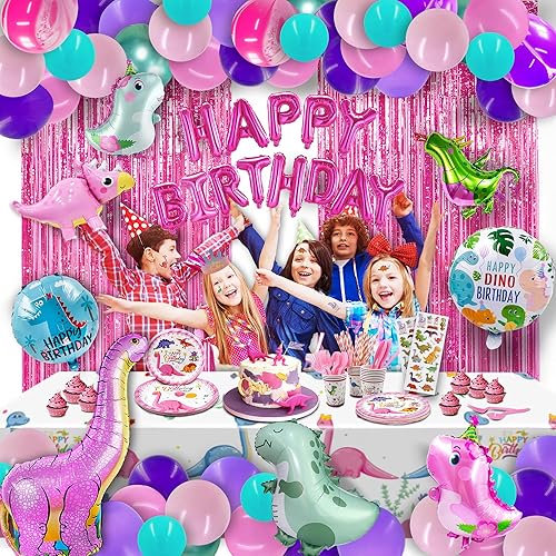 Miniatura 7 de Party Spot! 150 piezas de suministros de fiesta de cumpleaños de dinosaurios para niñas (sirve 12), decoraciones de fiesta de dinosaurio rosa, 50