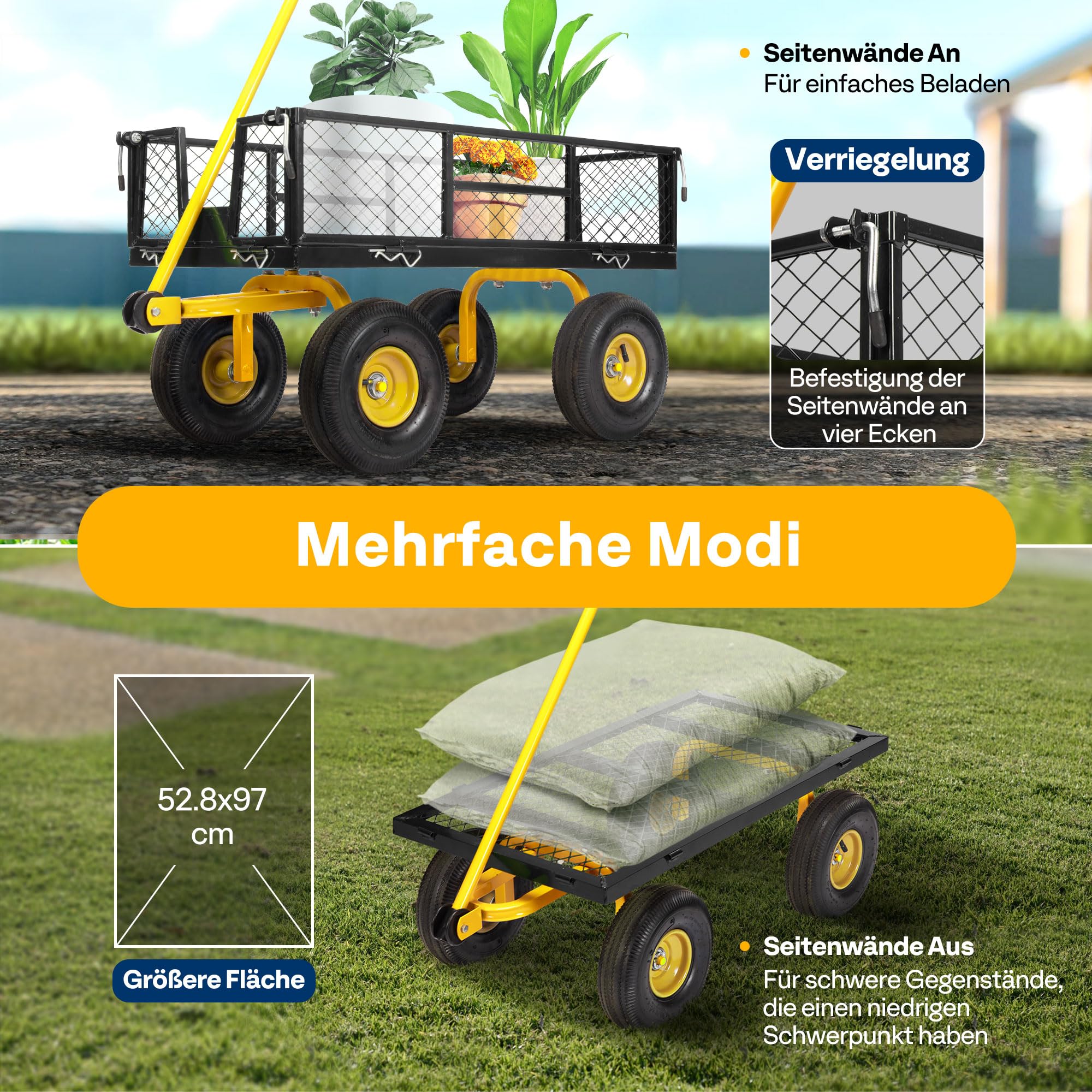 VIVOHOME Gartenwagen mit Abnehmbaren Seiten und Luftreifen, Belastbarer Transportwagen bis 400kg mit 180° Drehbarem Griff für Garten und Outdoor Einsätze