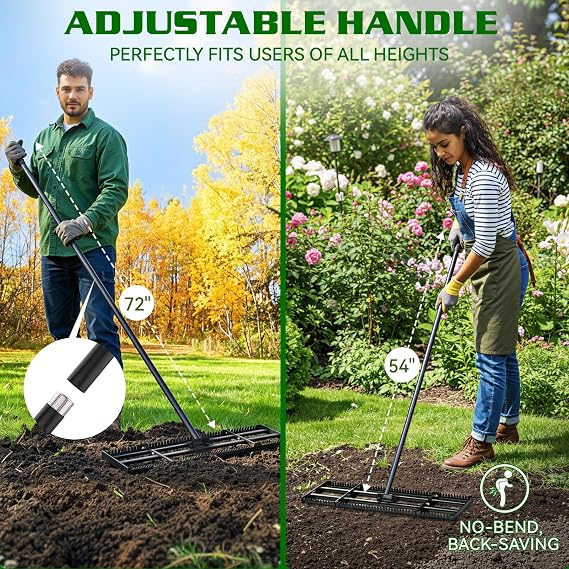 Housolution 32x10 Lawn Leveling Rake with Serrated Edge & Smooth Plate, Heavy-Duty Stainless Leveling Rake with 72 Adjustable Handle, Serrated Rake for Soil/Dirt/Compost/Dead Grass/Gravel
