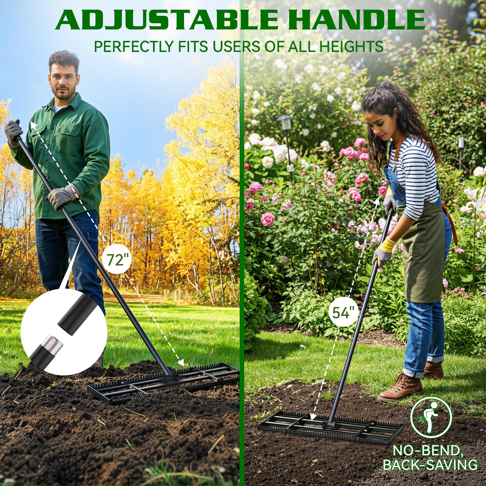 Housolution Rastrillo Nivelatore di Prato 32"x10" con Bordo Seghettato & Piatto Liscio, Rastrillo Nivelatore in Acciaio Inossidabile Resistente, Manico Regolabile 72", per Suolo/Terra/Composta/Erba Mo