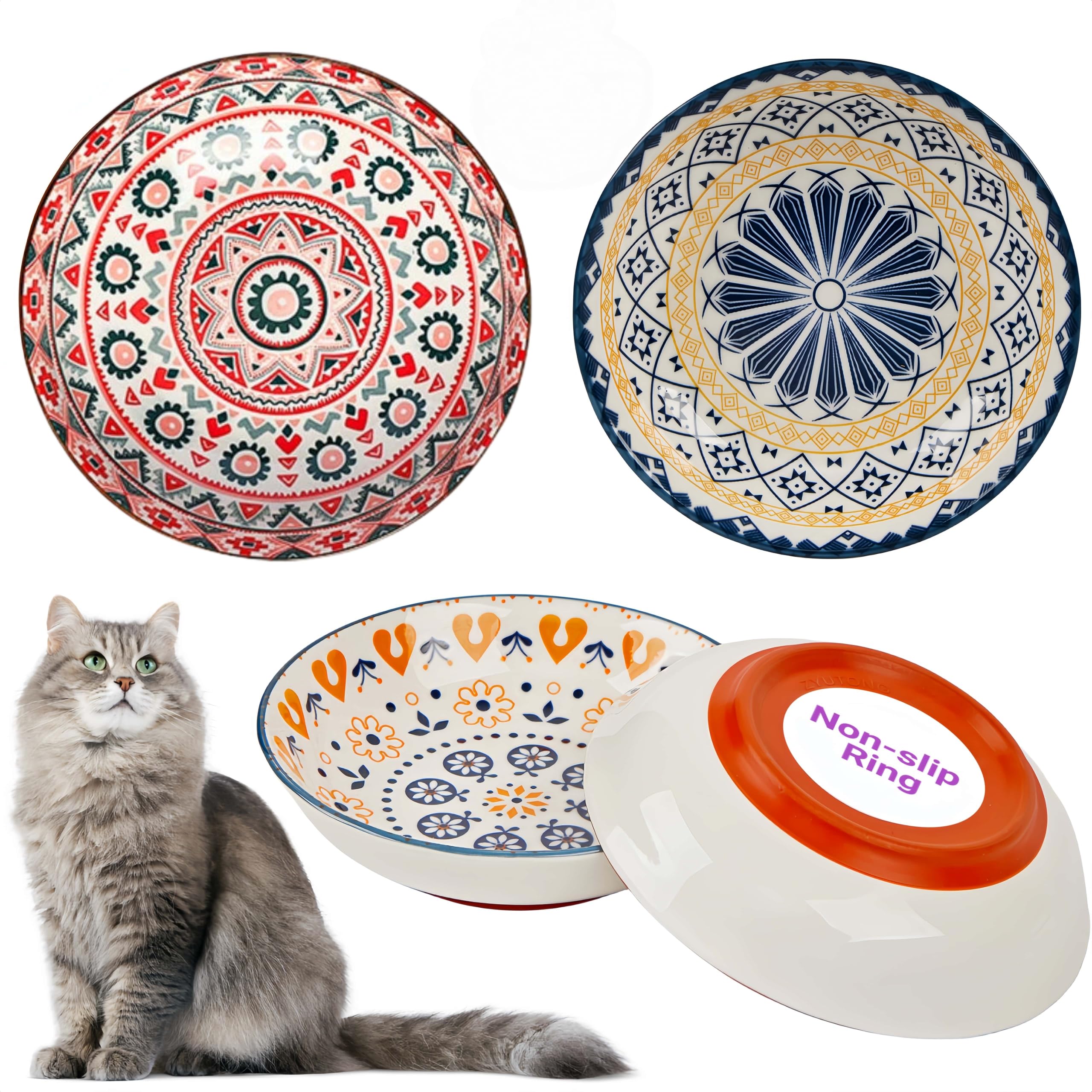 Whisker Fatigue Cat Bowl, Ceramic Cat Food Bowl Non-Slip, 3-Pack, 8oz, Boho | Non-Slip Base, Lead-Free Glaze, Shallow Wide, Whisker Friendly, Dishwasher Safe, Stylish Decorative, Wet Dry Food Water Use