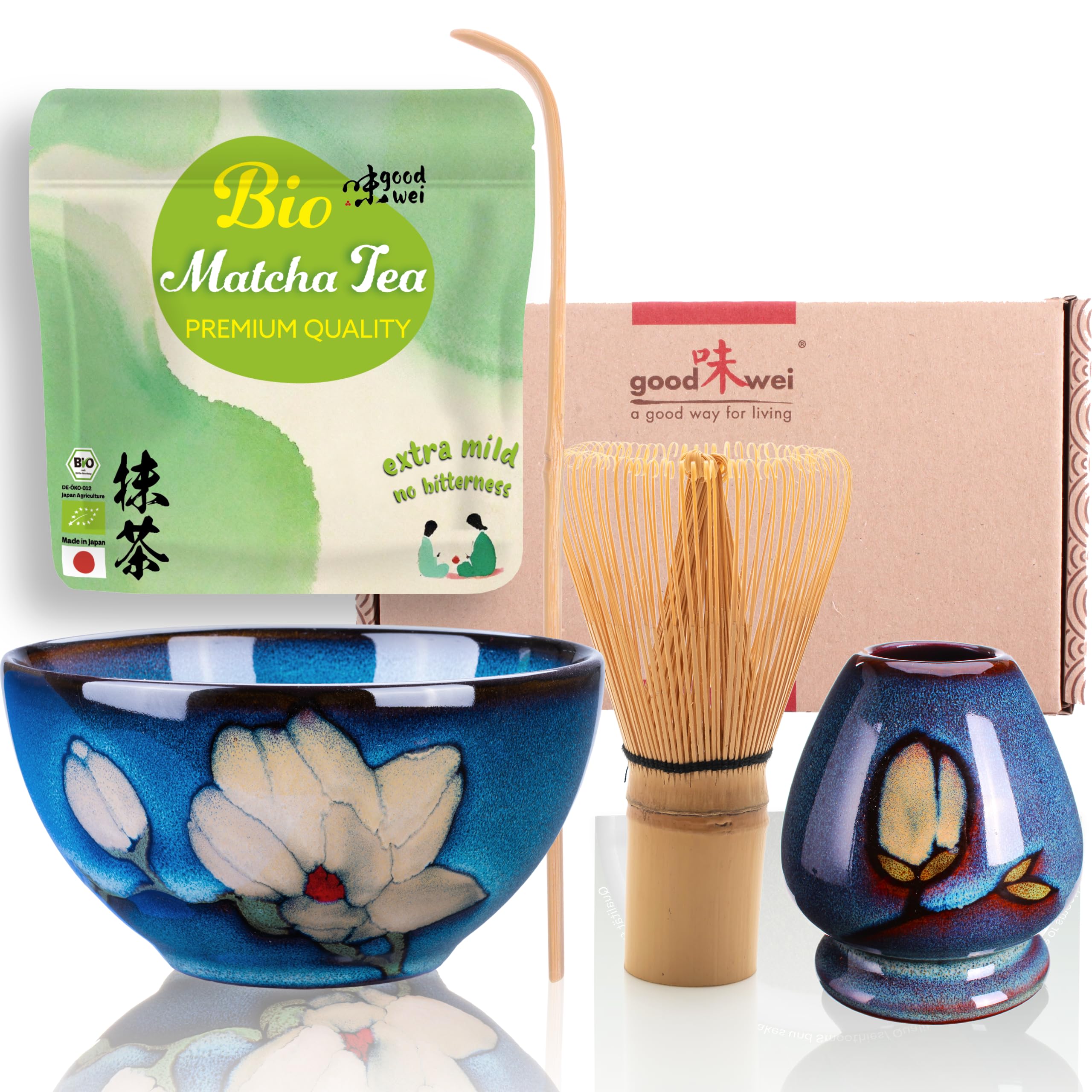 Goodwei Set di Matcha Completo - Tazza Cerimoniale con frusta e cucchiaio - incl. Tè Matcha Biologico Giapponese (Magnolia)
