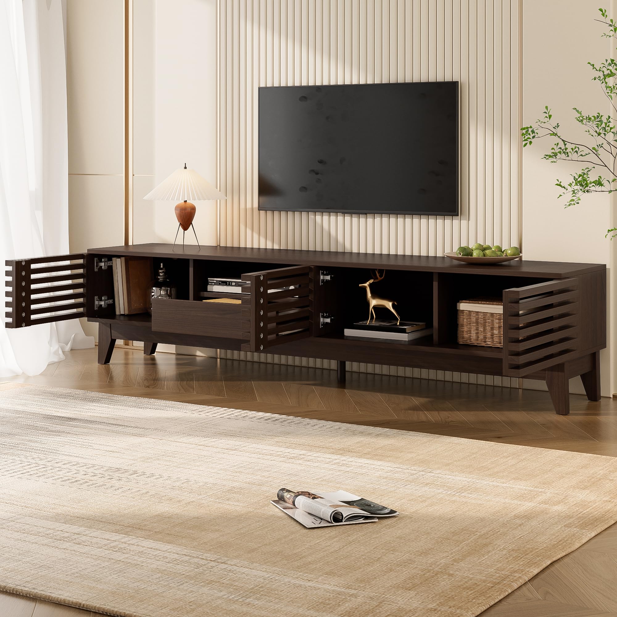 Merax TV-Schrank 170x35x40 cm, TV-Lowboard mit 3 Türen, 1 Schublade, offenen Fächern und Kabeldurchführung, stilvolles TV-Möbel mit großem Stauraum für Wohnzimmer, dunkle Holzfarbe