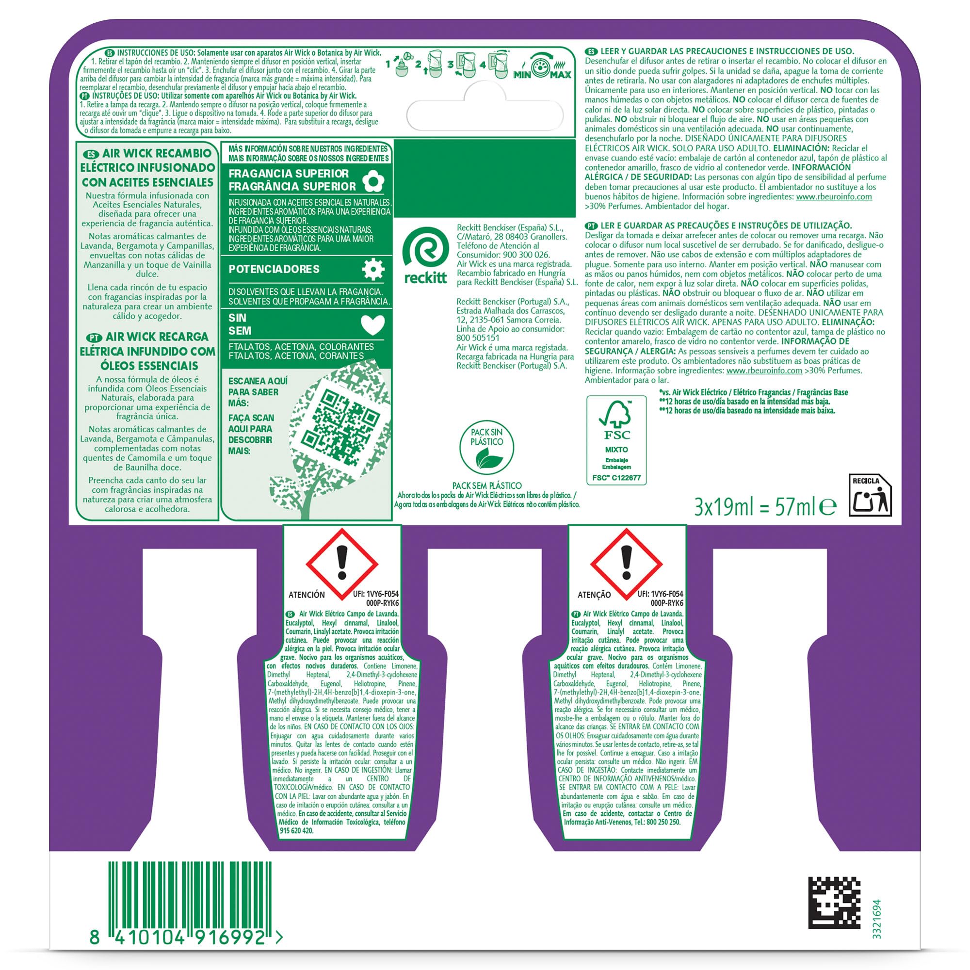 Air Wick Pack de 3 Recambios para Ambientador Eléctrico con aroma a Lavanda, infusionado con 2 veces más aceites esenciales