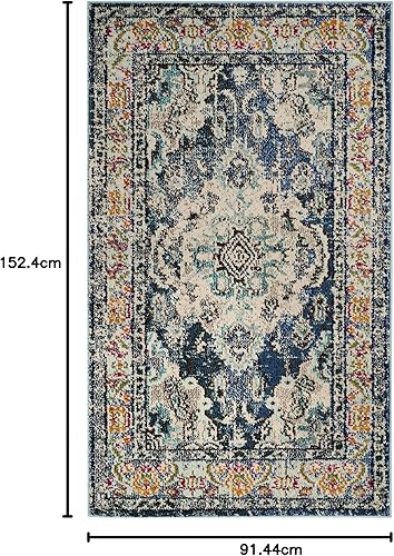 Miniatura 127 de Safavieh Tapete de área grande, colección Monaco, 11 pies x 15 pies, azul marino y celeste, diseño desgastado de medallón, no desprende pelusa