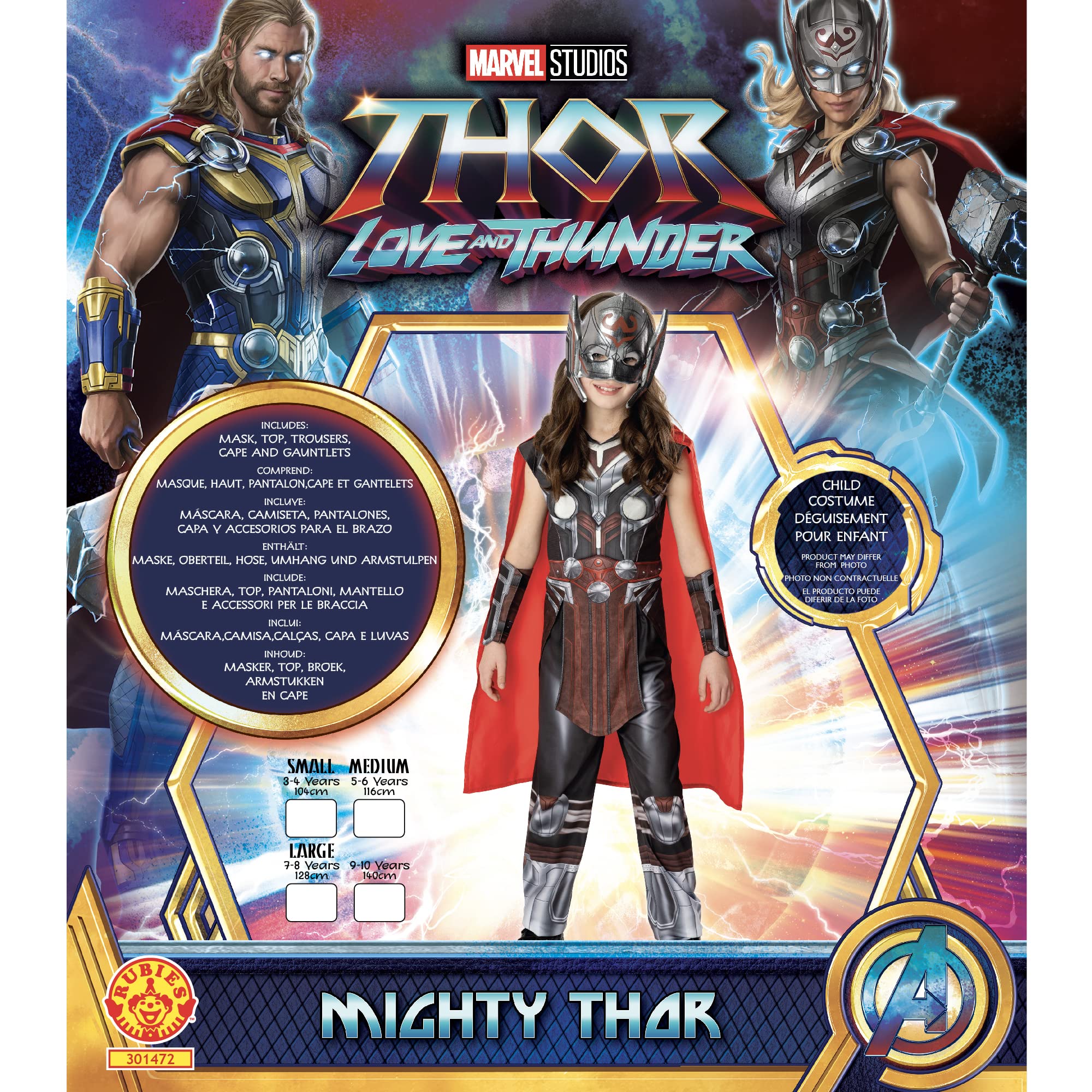 Rubies Disfraz Mighty Thor Deluxe para niñas y niños, Thor Love & Thunder, con Top, pantalones, máscara, capa y accesorios para brazos, Oficial Marvel, para carnaval, halloween, cumpleaños y navidad