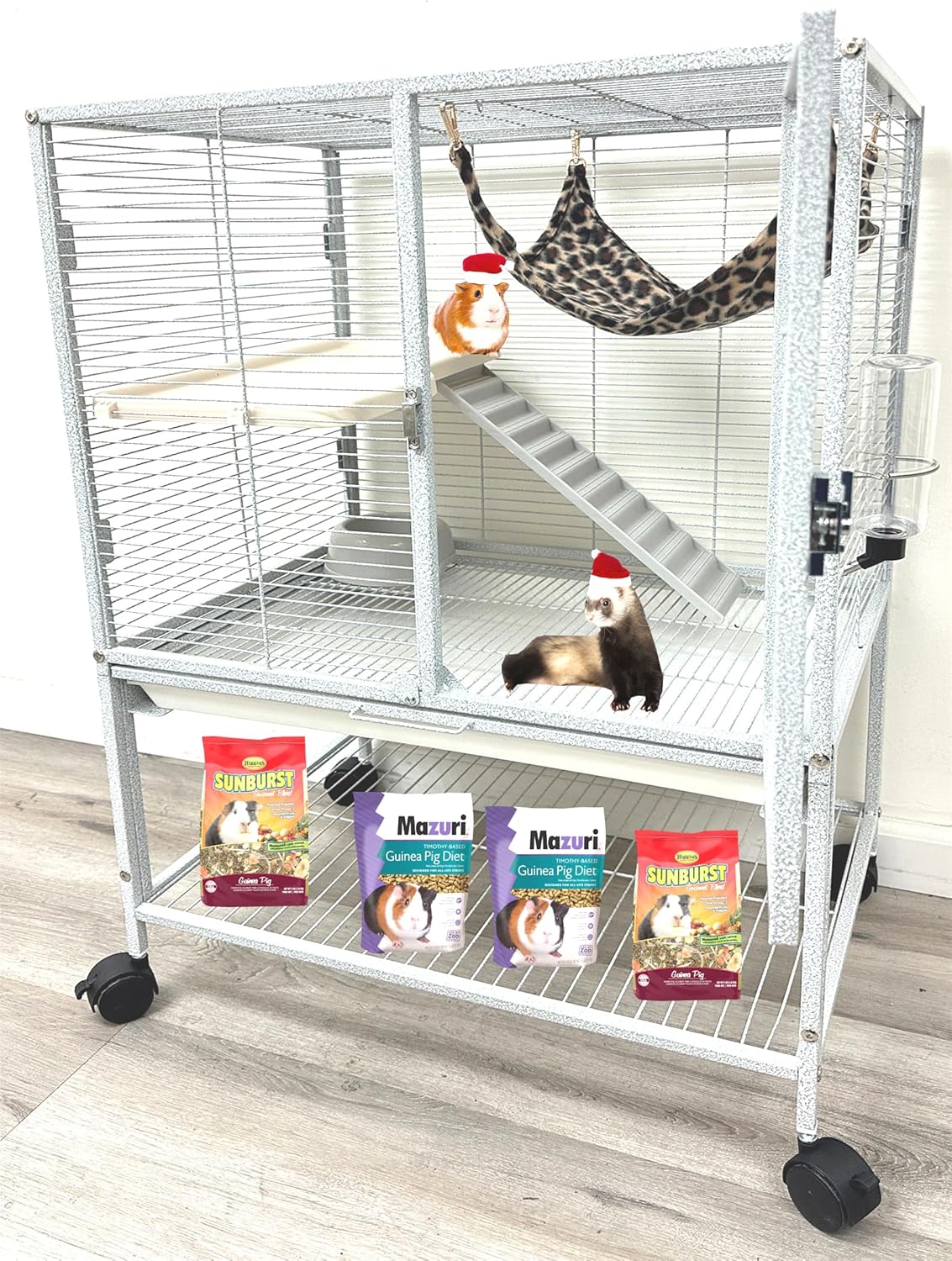 Deluxe Two Tiers Ferret Hammock Chinchilla Guinea Pig Rabbit Mouse Critter Rolling Cage Tight 1/2-inch Bar Spacing Durable Front Door Easy Clean Pull Out Grate Tray Water Bottle Food Bowl On Wheels