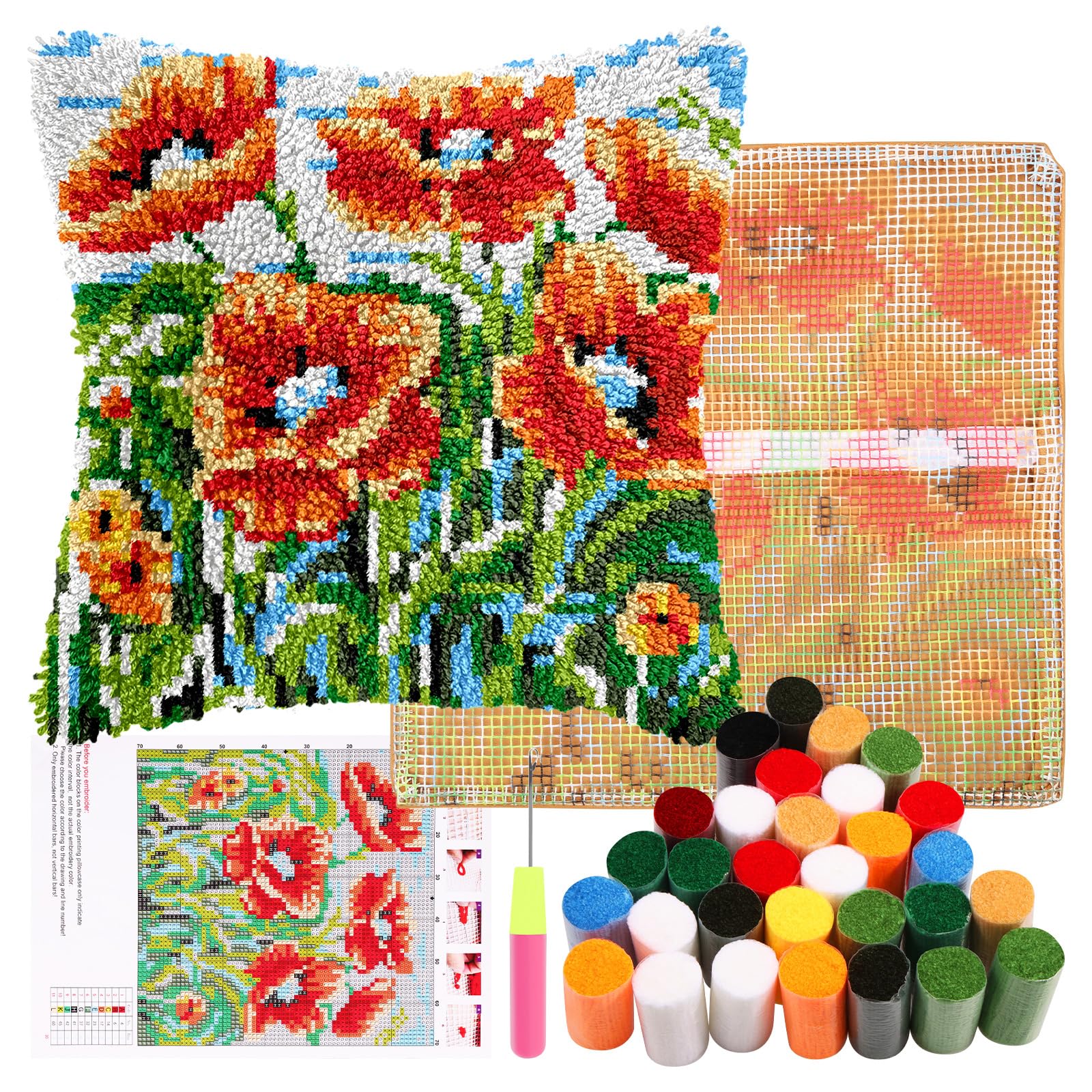 GUIJZSLTRG DIY Latch Hook Pillow Kit for Kids Adults, 17inch Pillow Materials Package, Handmade Embroidery Kits, Cross Stitch Sofa Cushion Cover with Crochet Yarn for Beginners and Home Decor(Flower)