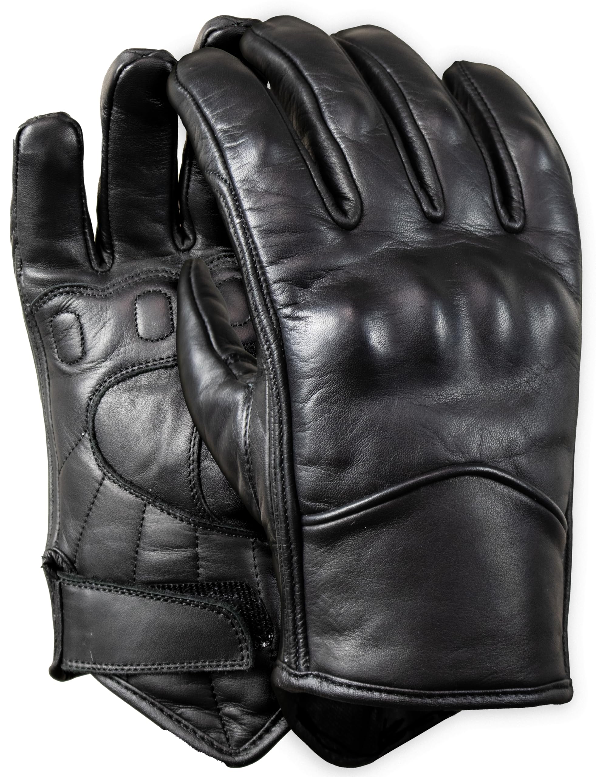 MDM Guanti moto in pelle per uomo stile classico, palmo antiscivolo, protezione discreta delle nocche e chiusura regolabile, nero