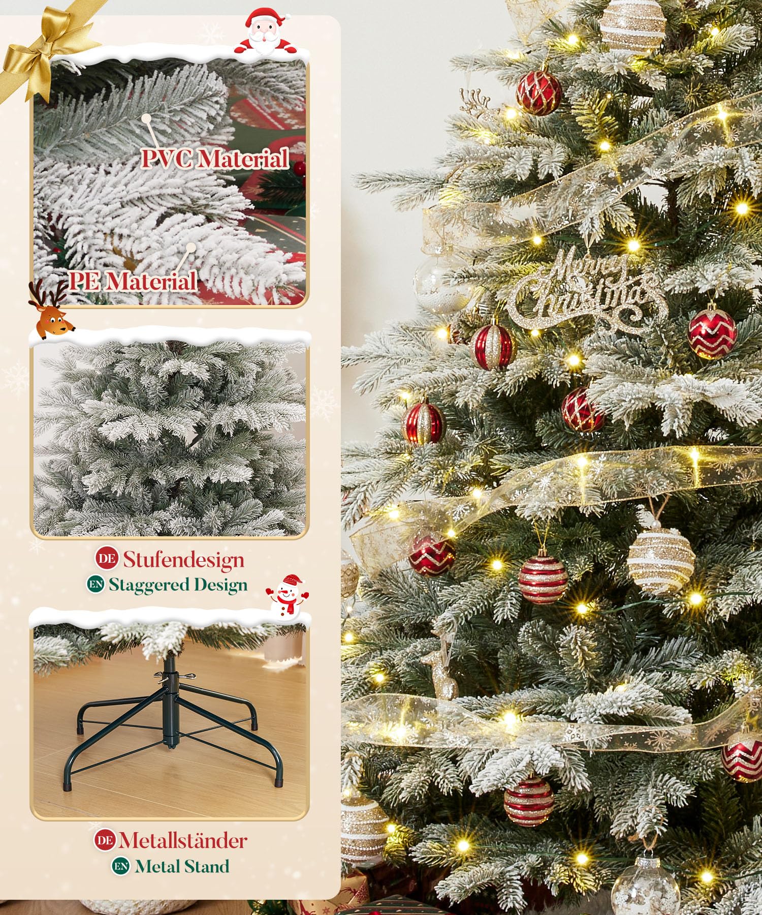 Yorbay Sapin de Noël Artificiel avec Flocons de Neige 180 cm, Sapin de Noël Artificiel en PE et PVC avec Support en Fer, pour décoration de Noël, Convient comme décoration pour la Maison