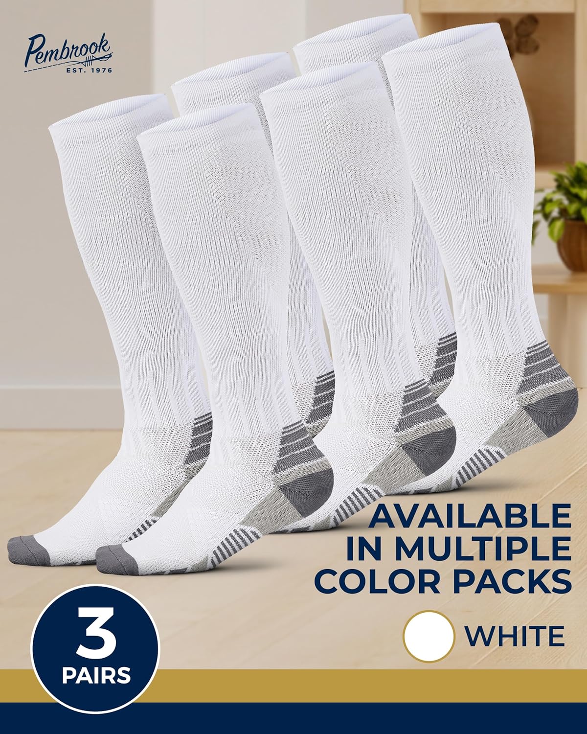 Pembrook 3 Pairs Compression Socks 20-30 mmHg - Compression Socks for Women 20-30 mmHg Knee High | Flying, Travel | White Large - Image 2