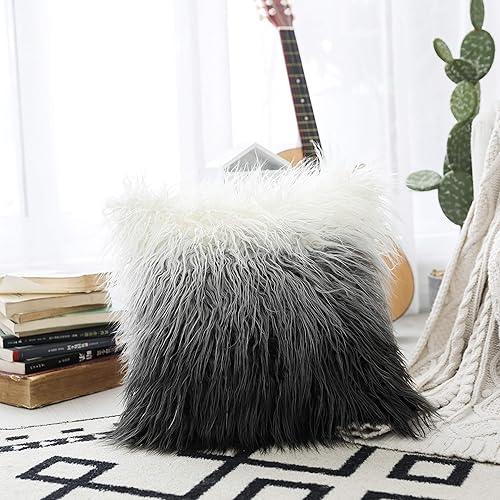 Kevin Textile Set of 2 Decorative New Luxury Series Merino Style Fur Throw Pillow Case Cushion Cover 18" x 18" 45cm x 45cm Gradient Black