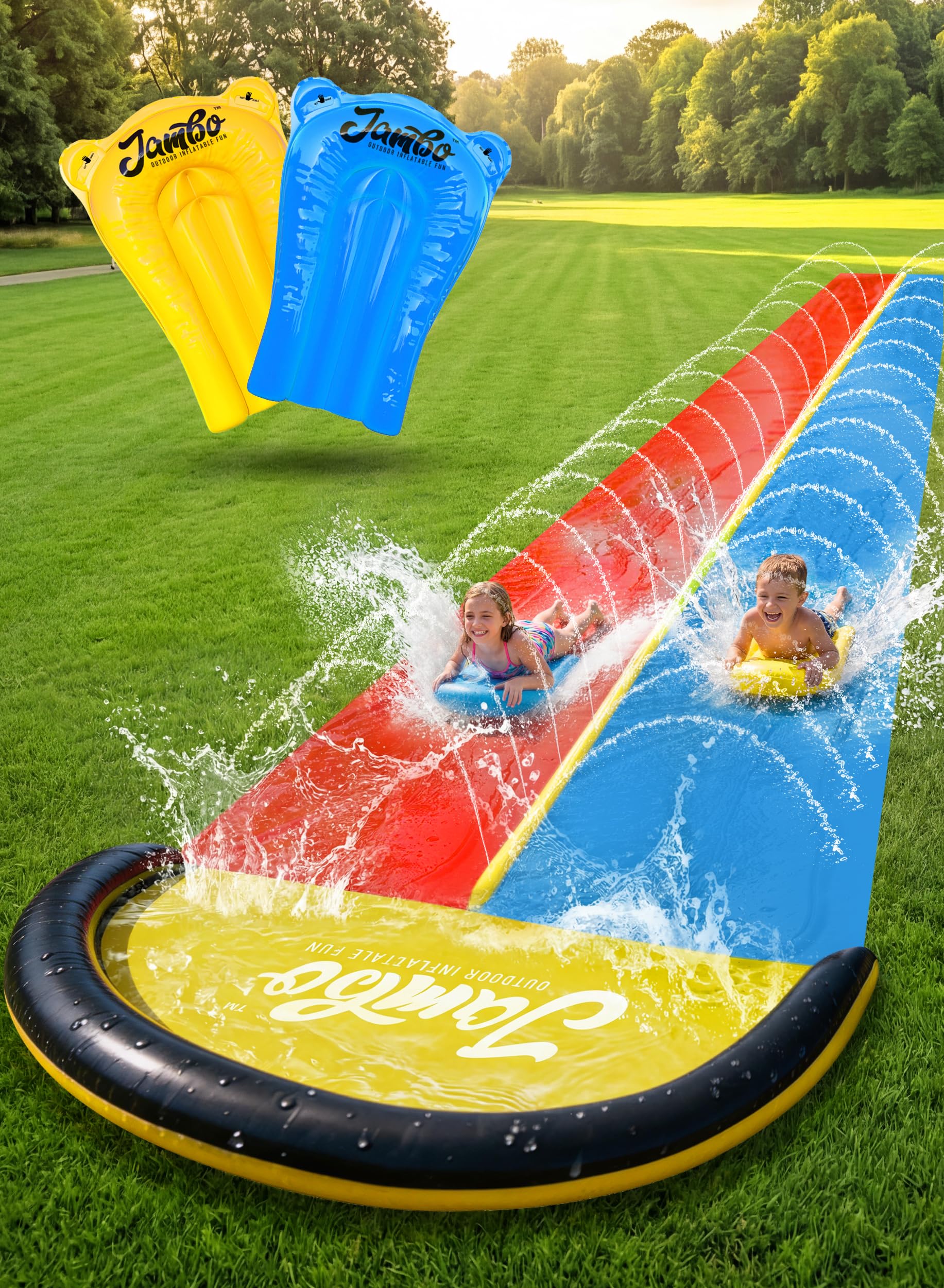 JAMBO 22.5ft Double Lane Slip Splash and Slide with 2 Bodyboards with Built in Sprinkler for Backyard Outdoor Water Fun for Kids, Backyard Lawn Waterslide, Outdoor Water Toy, Splash Mat Splash Pad