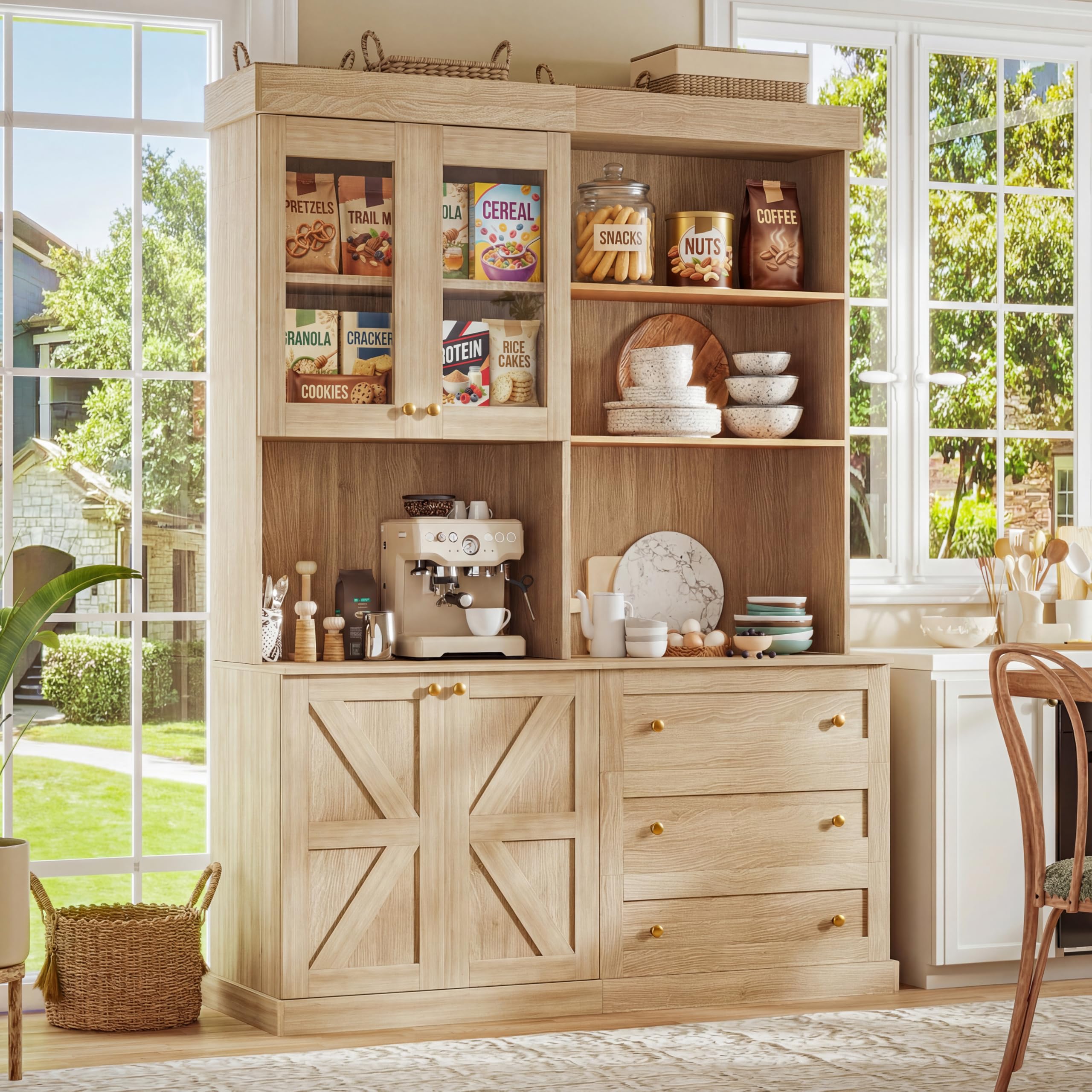 71" Farmhouse Kitchen Pantry Cabinet Set of 2, Brown Freestanding Coffee Bar Hutch with Glass Doors, Drawers & Adjustable Shelves, Large Storage