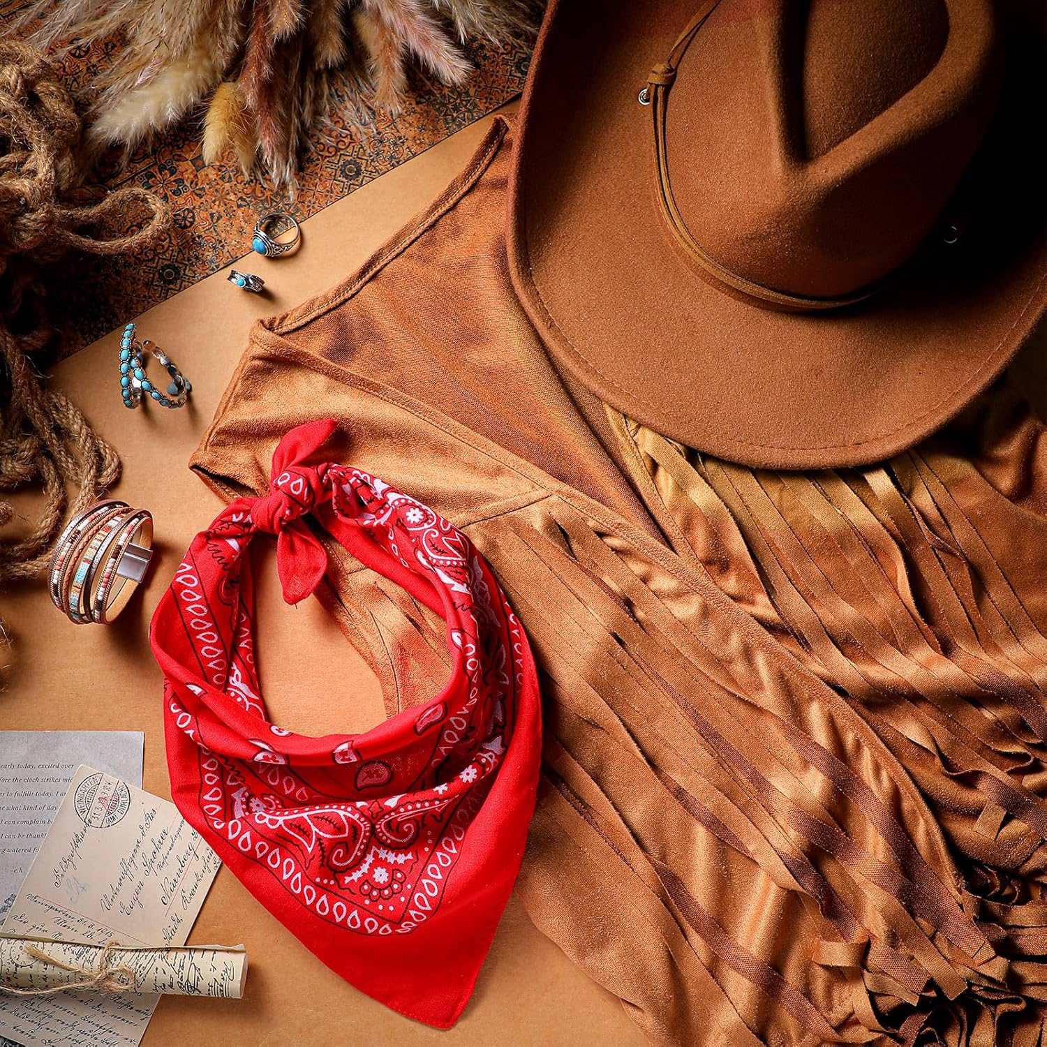 Ecally 7 Pcs Western Cowgirl Outfit Tassels Fringe Vest Bohemian Turquoise Jewelry Kit Cowboy Hat Bandana for Women Cosplay - Image 4