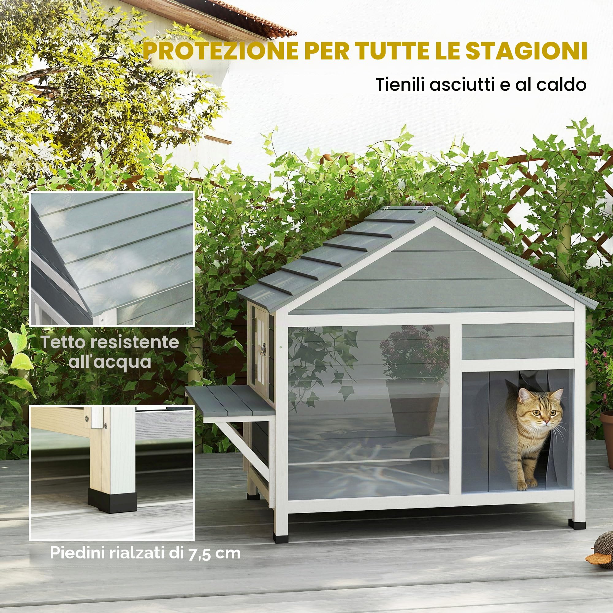 PawHut Casa per gatti in legno resistente alle intemperie con tetto apribile, nicchia esterna con finestra, porta a lamelle e piattaforma, grande villa gatto a doppio piano, 101 x 72,5 x 81 cm, grigio
