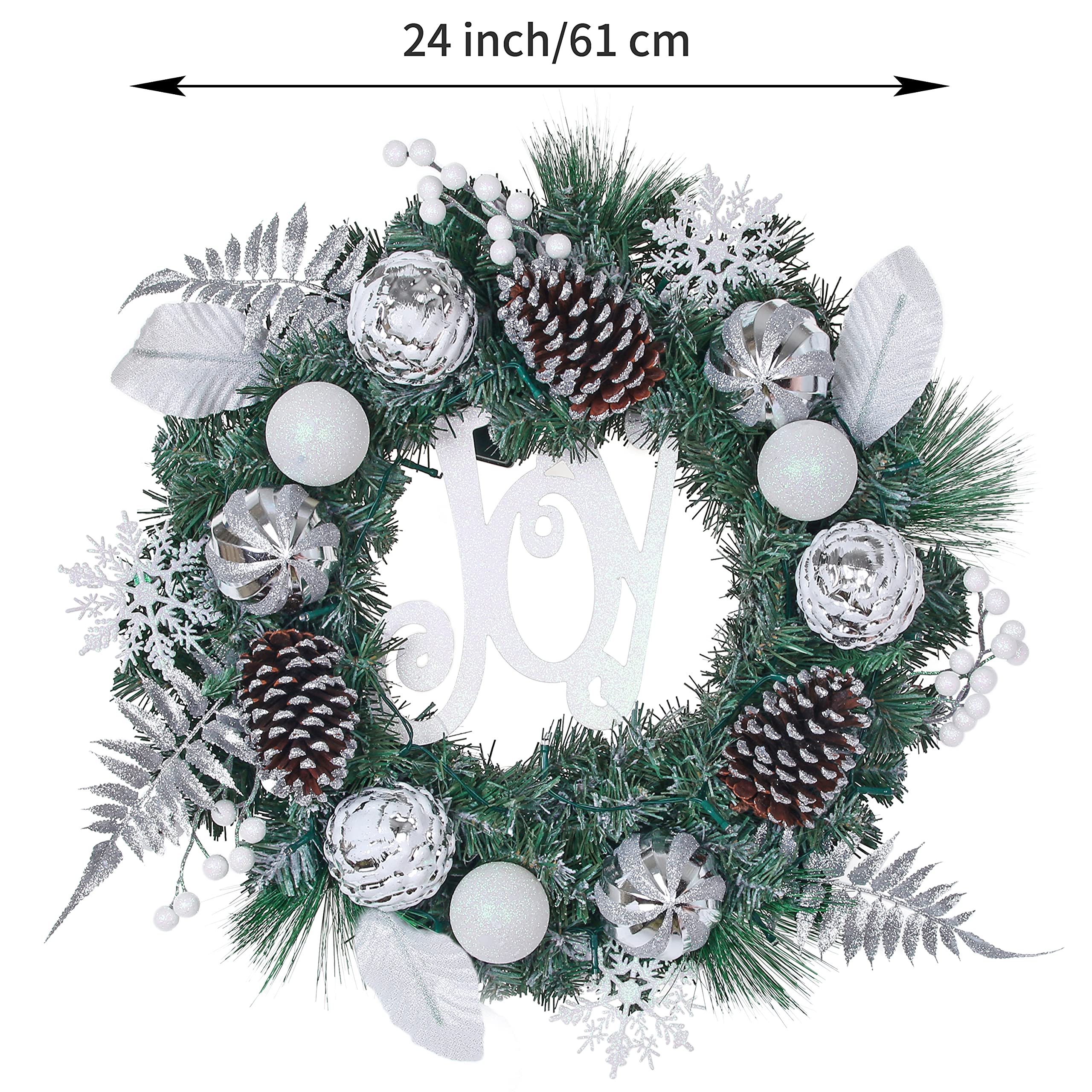Weihnachtskranz für Haustür Vorbeleuchtet 24 Zoll Weihnachtskranz Beleuchtet Silber Weiß Dekokranz mit Lichtern Beeren Tannenzapfen Kugel Ornamente Batteriebetrieben 20 LED Lichter