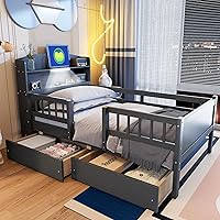Vista 171 de Modern Full Size Platform Bed Storage Headboard and Safety Guardrail for Kids, Function Wood Platform Bed Frame with Built-in LED Light for Boy