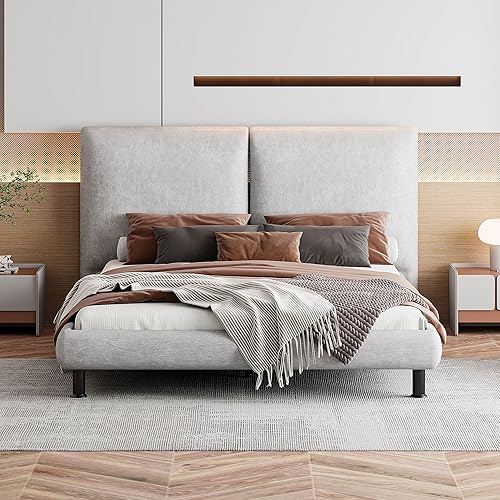 Miniatura 3 de JIVOIT Cama de plataforma tapizada de tamaño matrimonial, cama tapizada de terciopelo con cabecero y estribo, soporte de listones de madera, base de