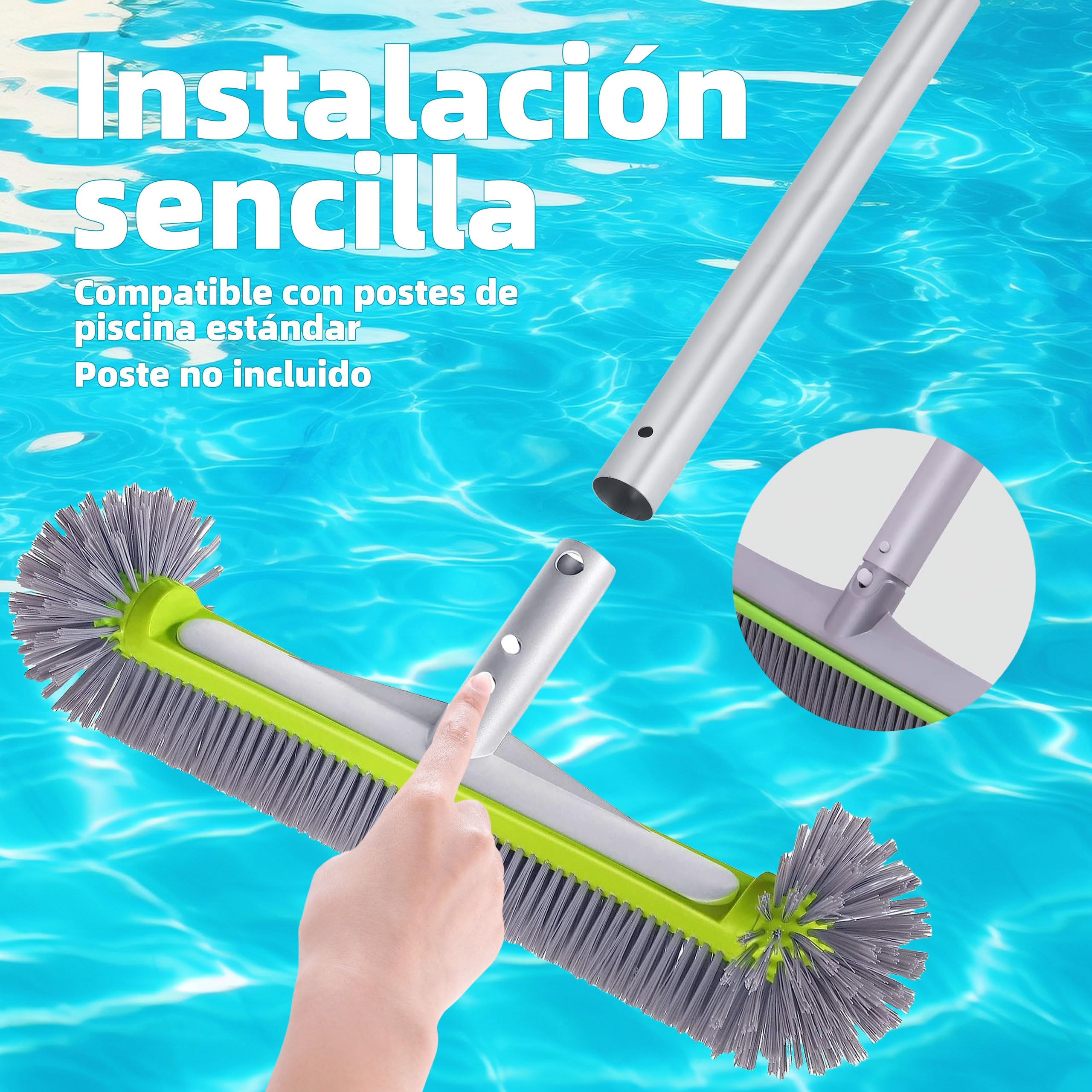 Cabezal de Cepillo para Piscina Desmontable con Cerdas Robustas 17,5″ – Cepillo Redondo para Limpieza Rápida de Paredes, Escalones Incluye Mango de Aluminio con Sistema EZ Clip Sin pértiga telescópica
