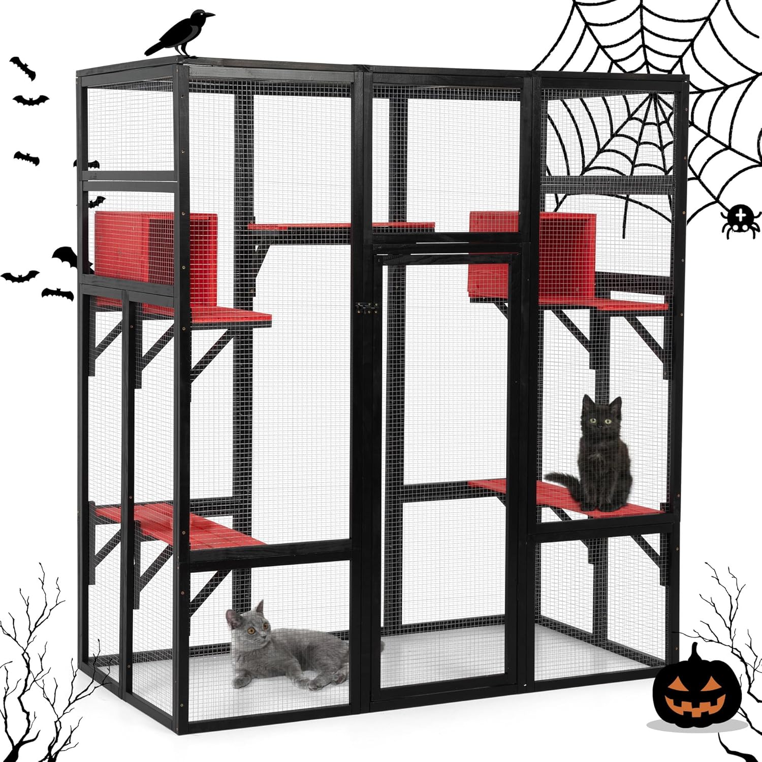 Nyeekoy 71Inches Large Wood Catio Outdoor Cat Enclosure with Perches and Condos, Cat House Indoor with Waterproof Roof, Cat Shelter 7 Platforms & 2 Resting Box, UV Resistant (Gothic)