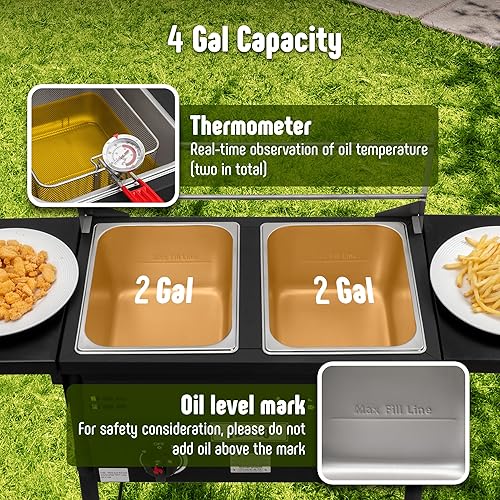Miniatura 7 de Freidora profunda al aire libre de propano Feasto, tanque doble con quemadores independientes dobles de hierro fundido y termómetros, olla de