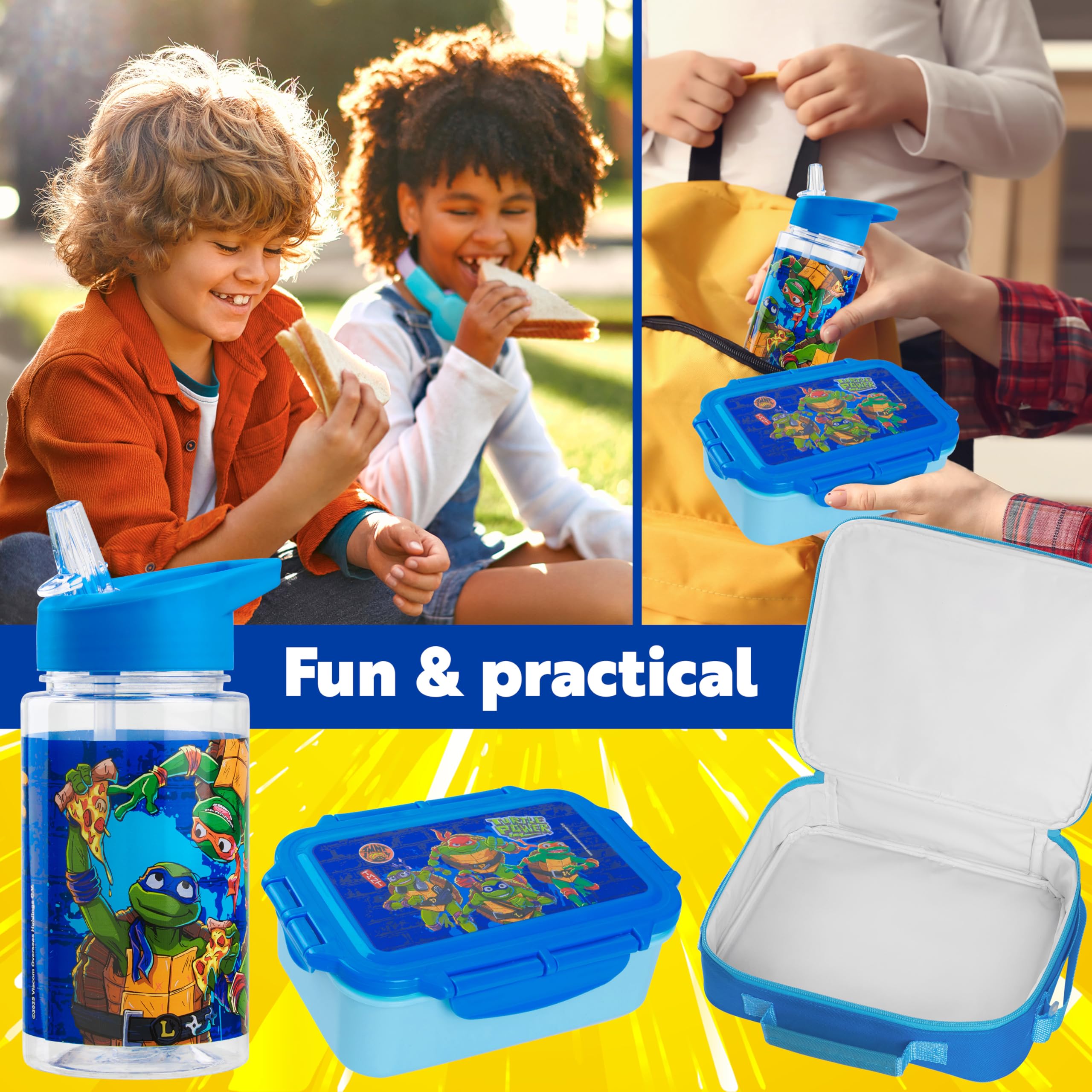 Get Trend Teenage Mutant Ninja Turtles Bolsa Termica Infantil con Fiambrera Almuerzo Botella Agua Niños 3 Piezas Bolsa Merienda Botellas Loncheras (Azul TMNT)