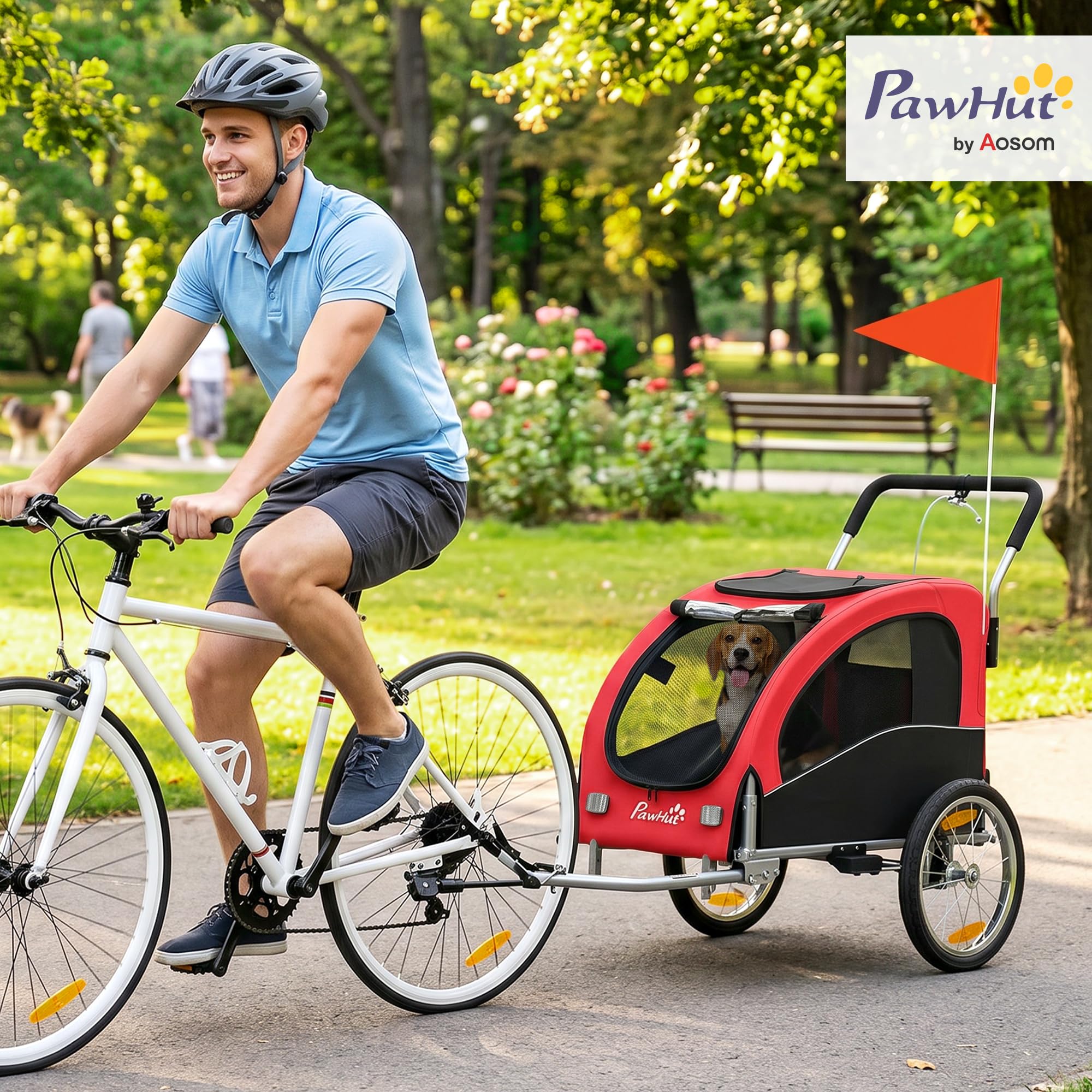 PawHut 2-in-1 Hundeanhänger für Fahrrad Hundebuggy für kleine & mittelgroße Hunde bis 20 kg Faltbarer Fahrradanhänger mit 600D Oxford, Reflektoren, Handbremse, Universelle Kupplung