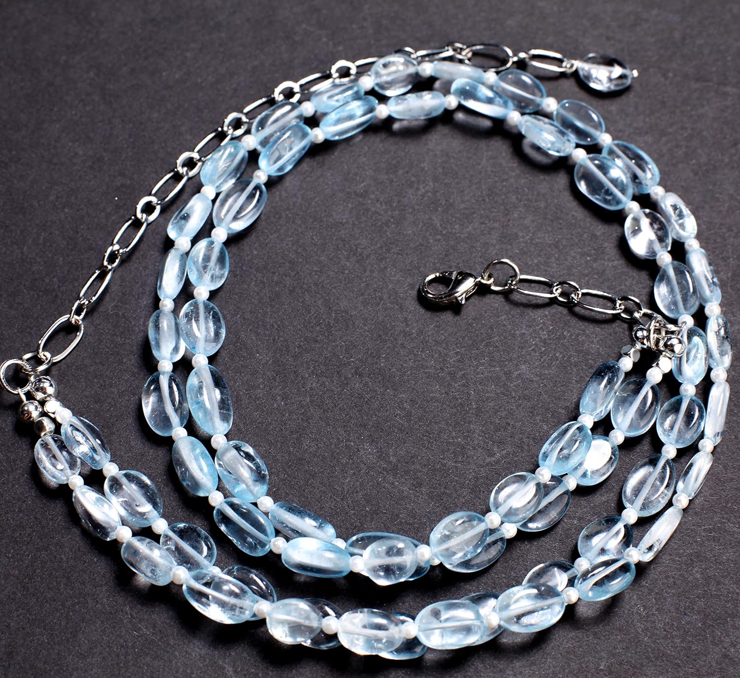 Aqua Blue Quartz Free Form Oval 6x9-7x11mm, 2.5mm Freshwater Pearl Round Spacers 2 Strand Necklace 17.5" with 4.5" Extend to 21" Silver Rhodium Necklace with 4.5" Extension, Gift For Her