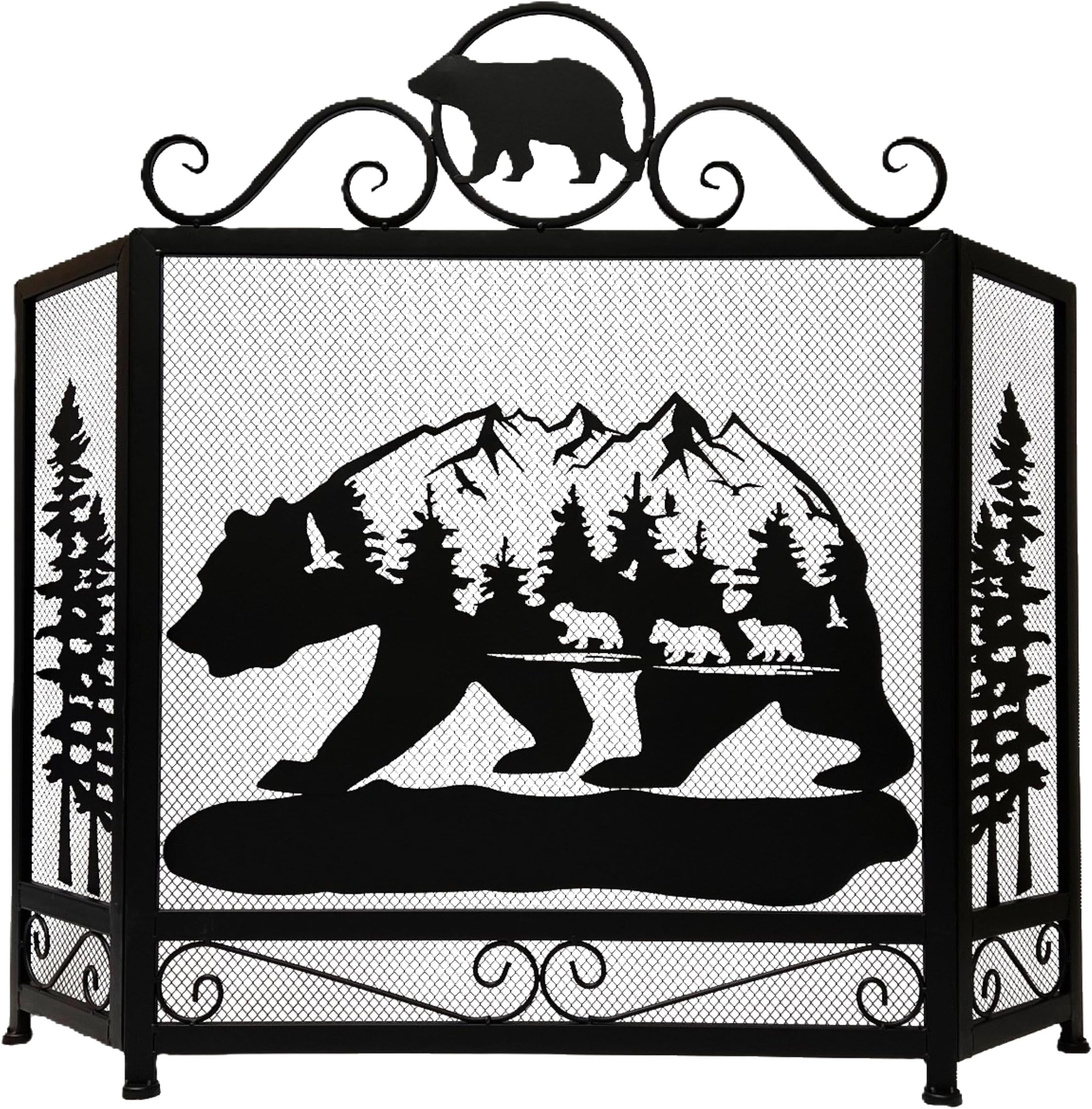 Rustic Metal Bear Three Panel Fire Screen Fireplace