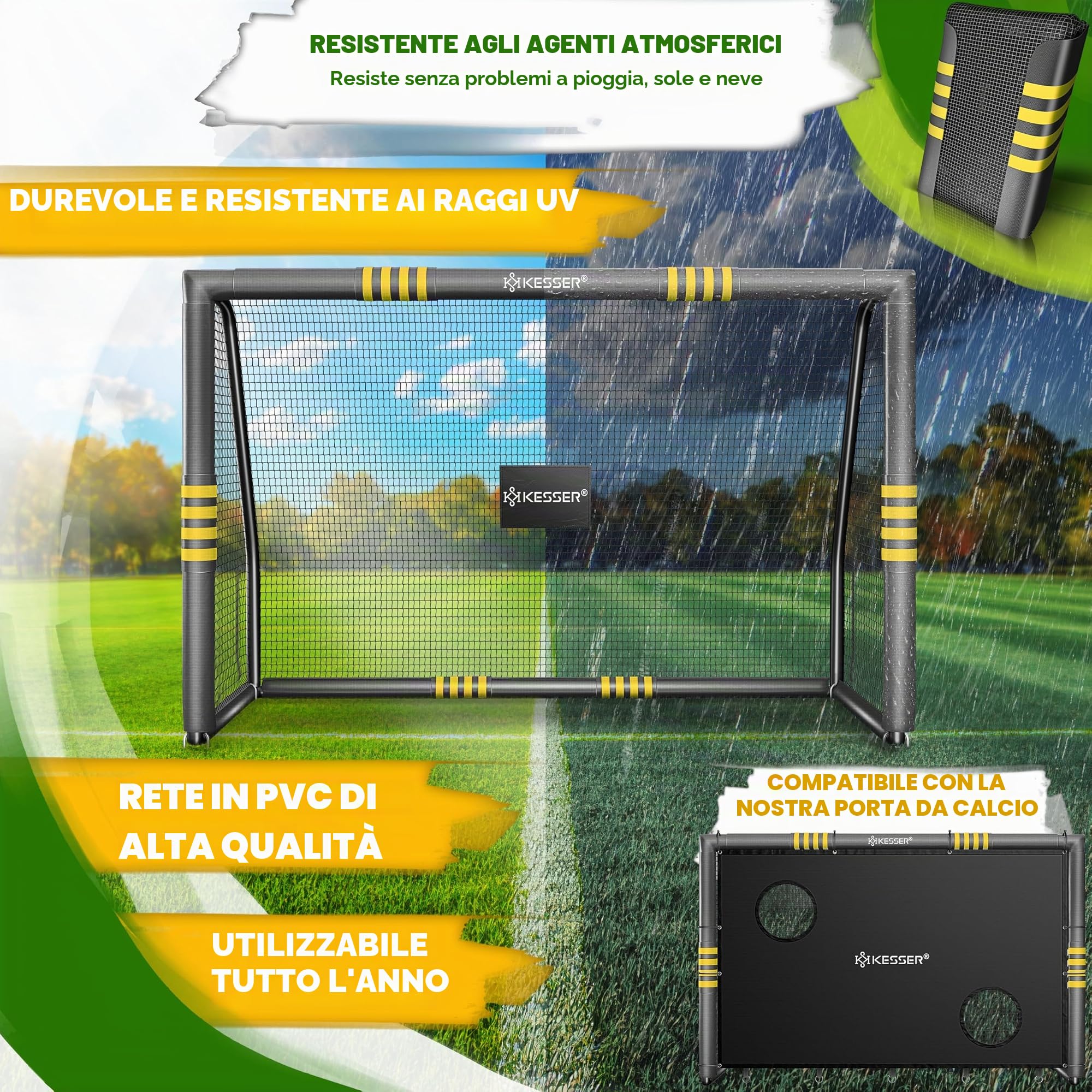 KESSER® Porta da calcio – Porta da calcio di alta qualità 240 cm, allenamento tiro allenamento rete resistente ai raggi UV, telaio in acciaio con imbottitura, picchetti per terra, pompa ad aria, coni