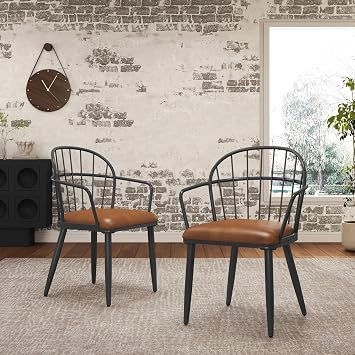 Upholstered Dining Chairs Set of 2, Industrial Faux Leather Kitchen Chairs with Sturdy Metal Legs, Comfortable Accent Seating for Dining Room, Brown