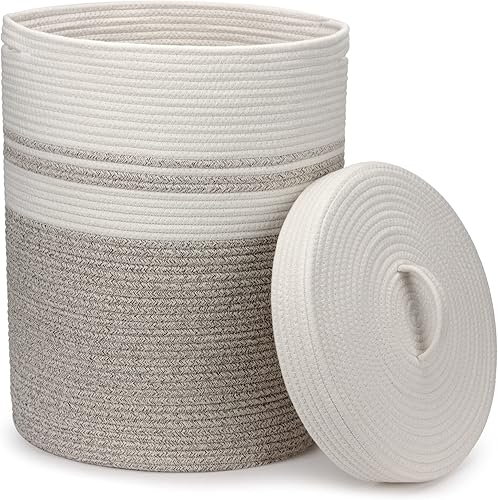 Miniatura 8 de Cesta de lavandería con tapa, cesta de lavandería tejida, manta y cesta de almacenamiento de juguetes para sala de estar, dormitorio, baño, Marrón