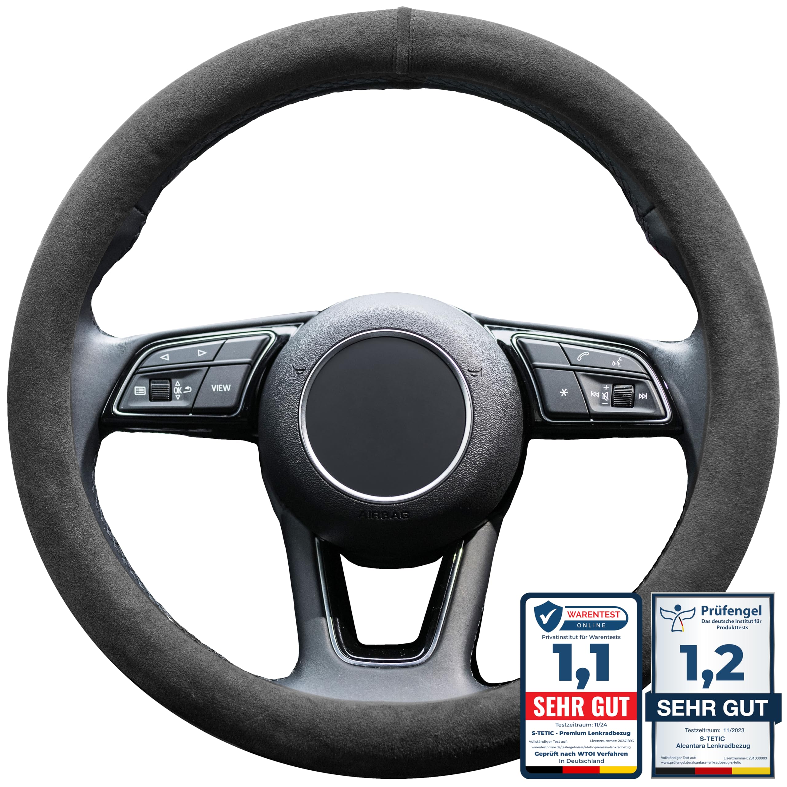 S-TETIC® Premium Lenkradbezug aus Alcantara | Schwarze 12-Uhr Markierung | Universalgröße 36-38 cm | Lenkradcover | für Sommer und Winter