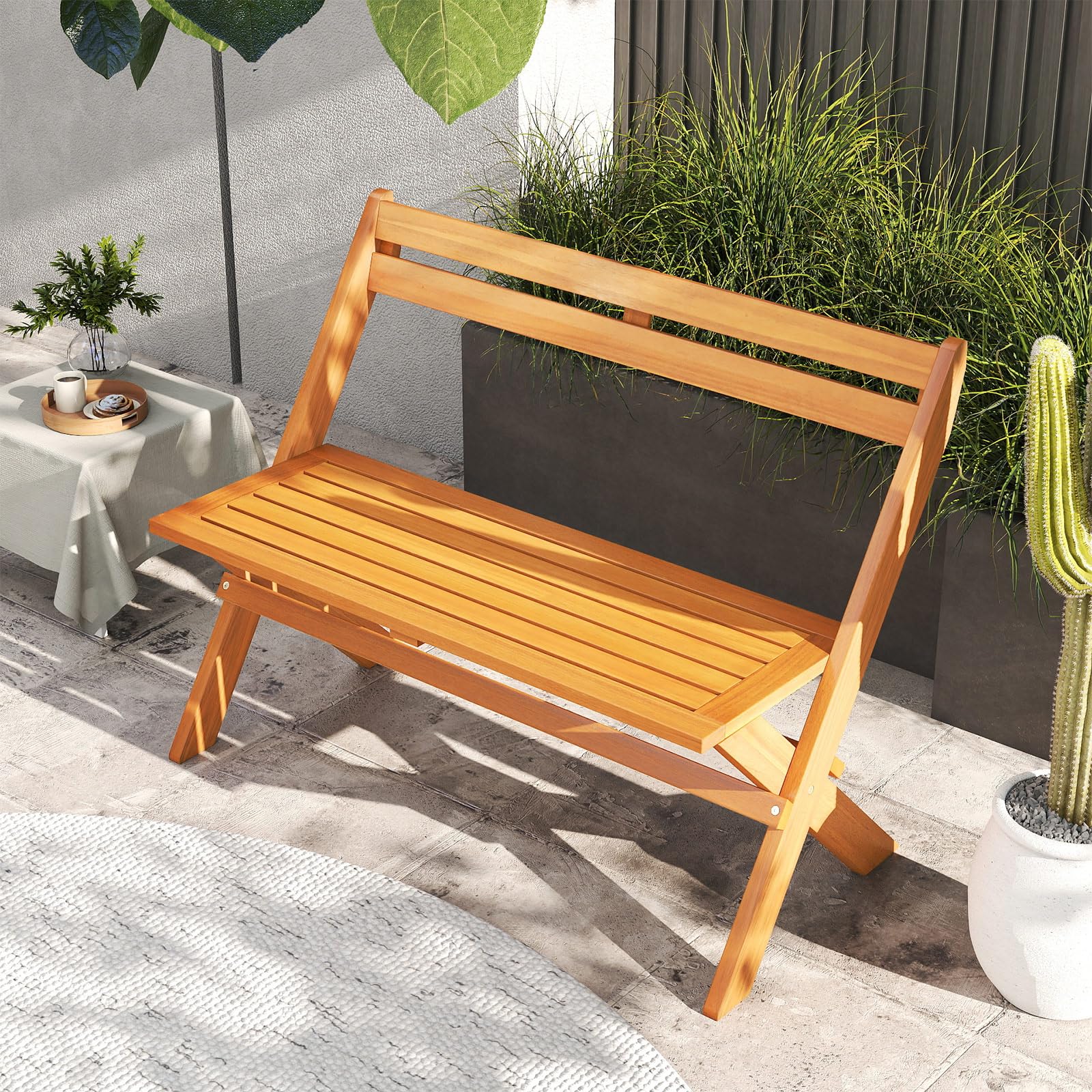 COSTWAY Panchina Pieghevole da Esterno, Panca da Giardino in Legno di Acacia per 2 Persone con Capacità di 360 kg, Panca da Esterno per Veranda, Balcone, Cortile e Parco